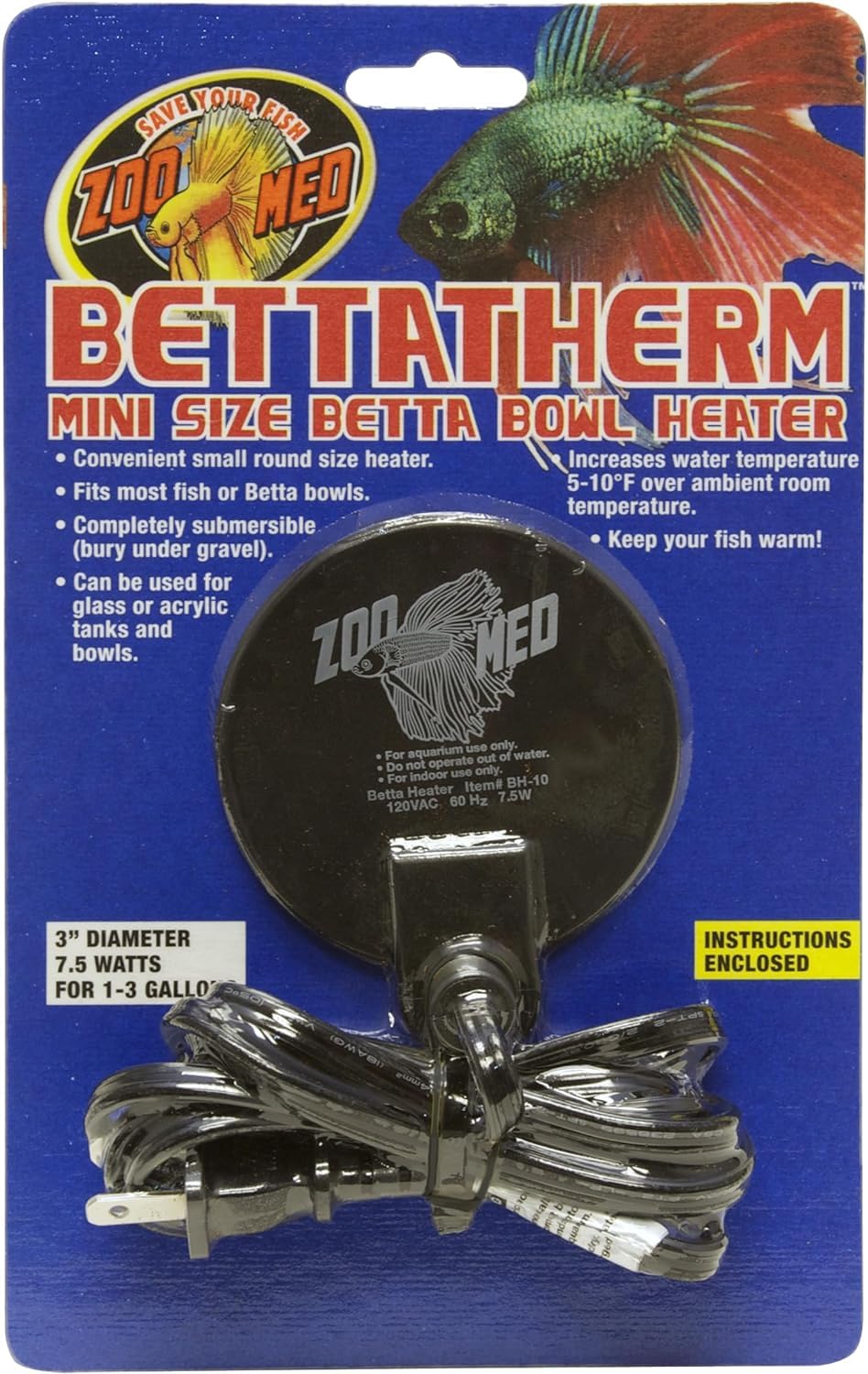 Zoo Med BettaTherm 7.5W Submersible Heater for Betta Fish Bowls & Small Aquariums - Perfect for Tropical Fish Tanks & Desktop Aquascaping