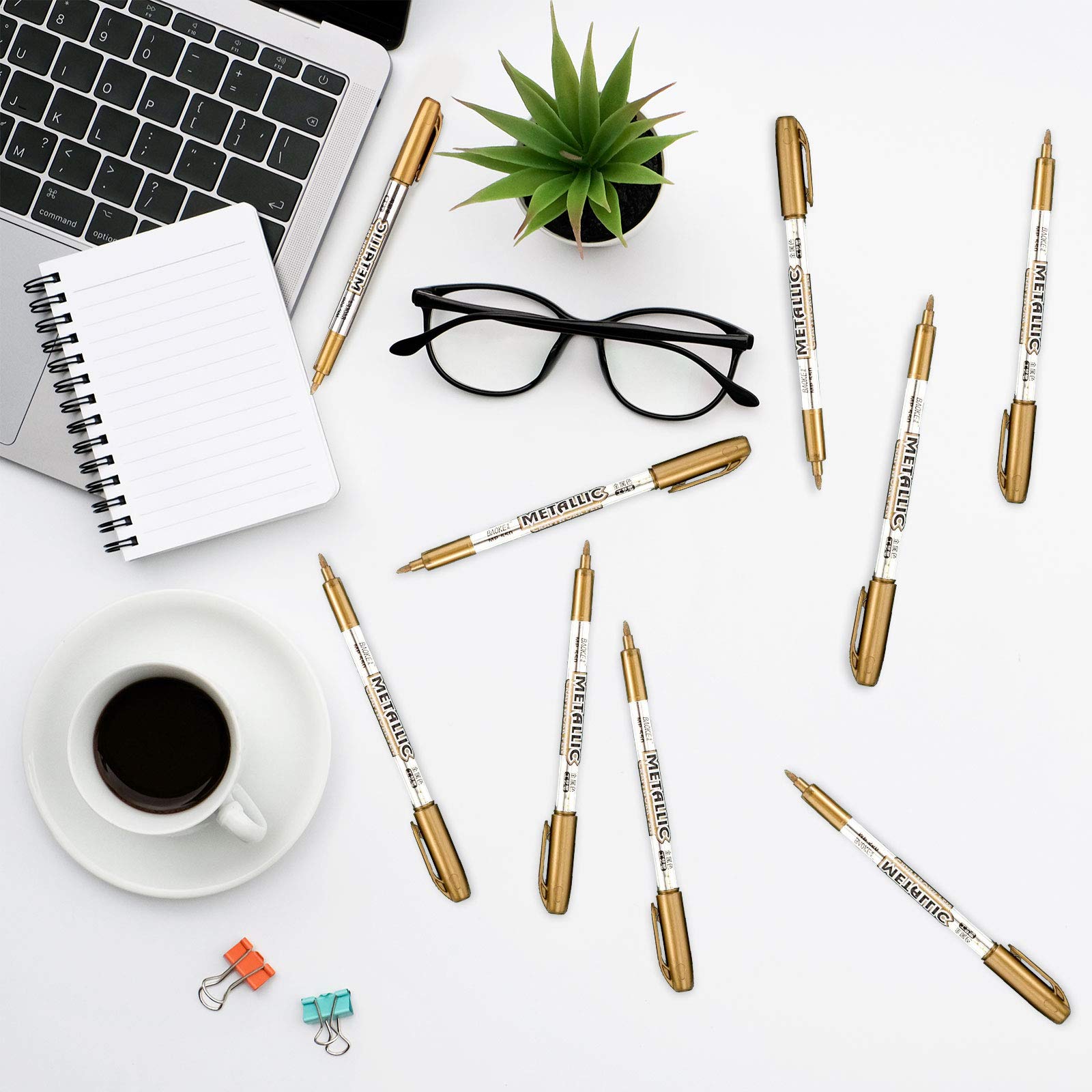 Whaline 8-Piece Metallic Gold Permanent Marker Pens Set - Fine Tip Drawing Pens for Card Making, Scrapbooking, Art Crafts, Wedding Guest Books & DIY Projects - Perfect for School, Office & Creative Gift Giving