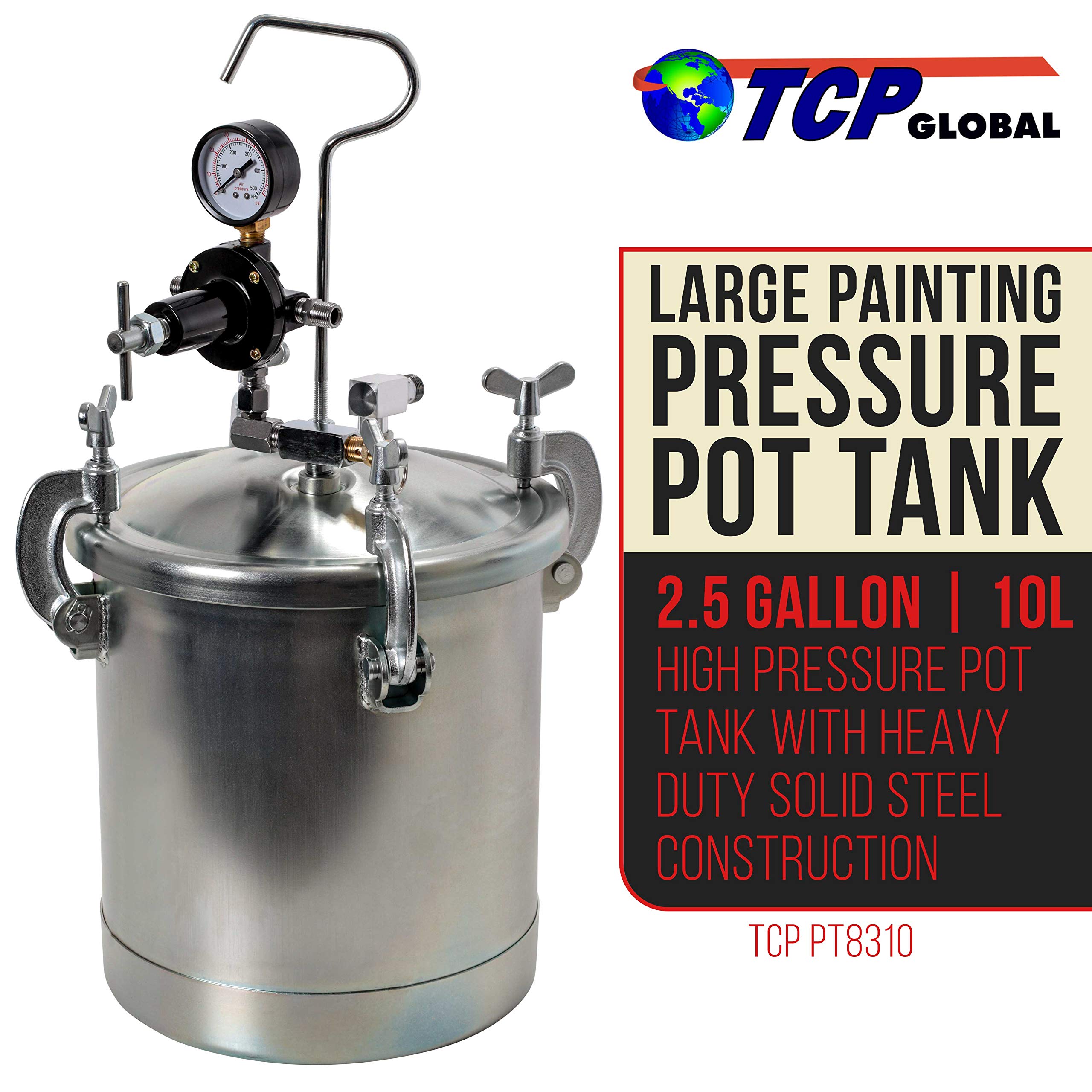 TCP Global 2.5 Gallon (10 Liter) Pressure Pot Paint Tank with Regulator & Gauge - Master Elite Series Airbrush Kit with 12ft Hose & Fittings - Perfect for Automotive Painting, DIY Projects & Airbrush Art