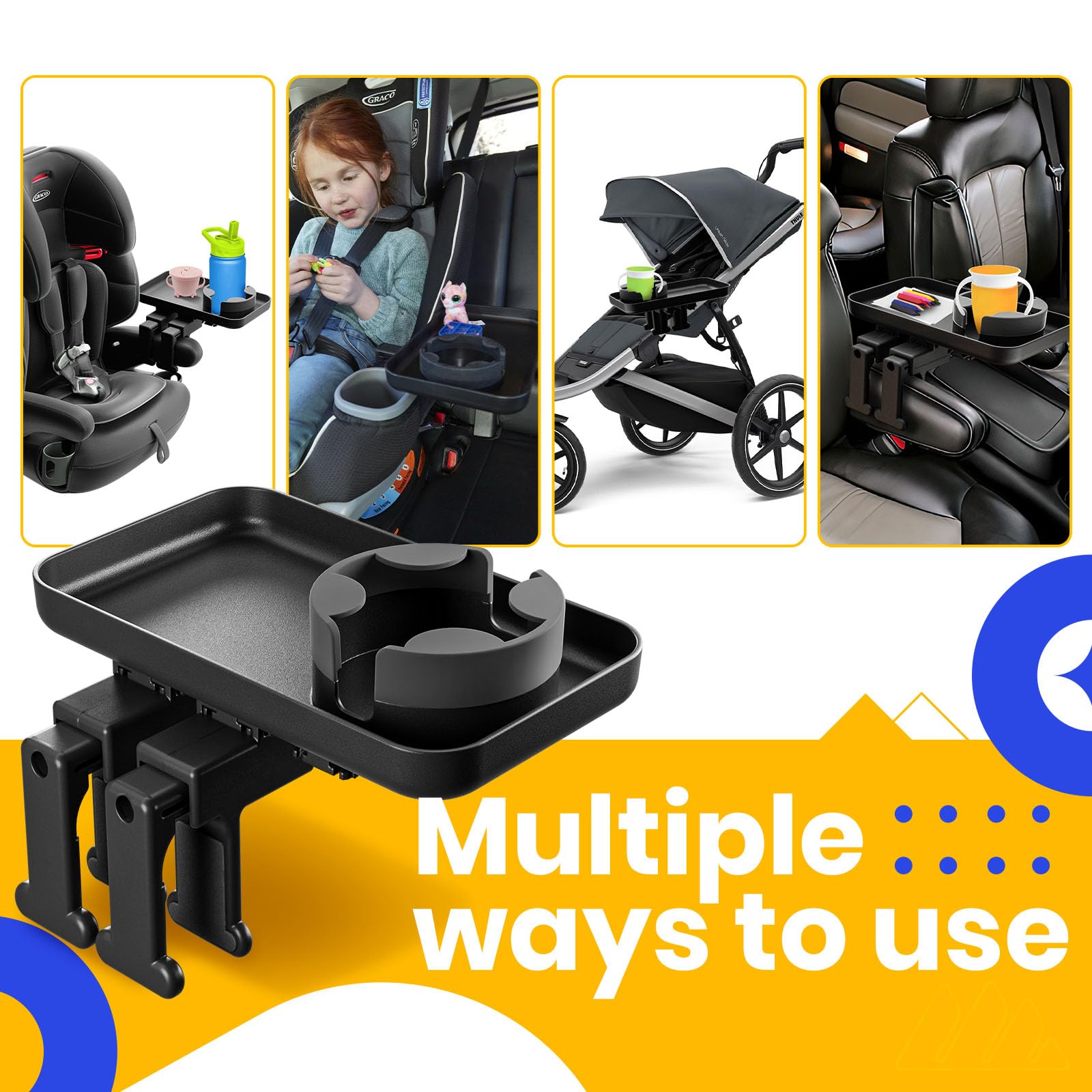 Adjustable Travel Tray Organizer with Universal Quick-Attach Clamps - Perfect for Car Seats, Strollers, Wagons & Armrests - Keep Snacks, Toys & Essentials Handy on Road Trips & Family Outings
