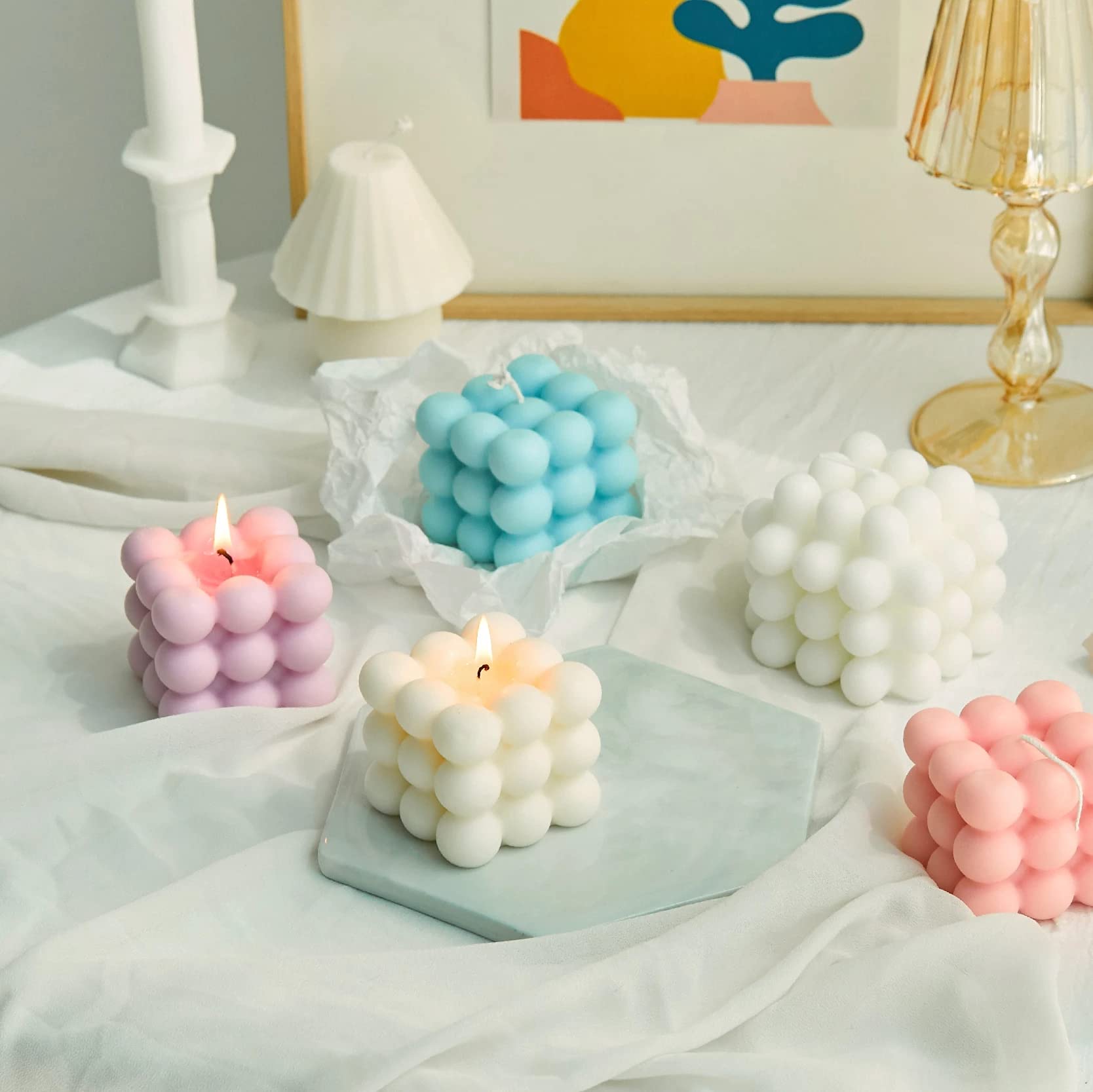 Soy Wax Aromatherapy Candle - Small Blue Bubble Cube Scented Candle for Relaxation, Birthday Gift, Home Decor & Spa Use - 1PC