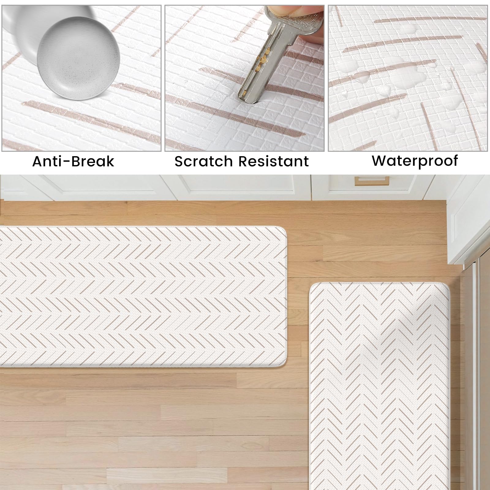 KIMODE Anti-Fatigue Kitchen Mats Set of 2 - Non-Slip Cushioned Floor Mats for Standing Desk, Office & Laundry Room - Waterproof Comfort Foam Rug in Light Brown/Beige - Perfect for Sink Areas, Cooking & Workstations
