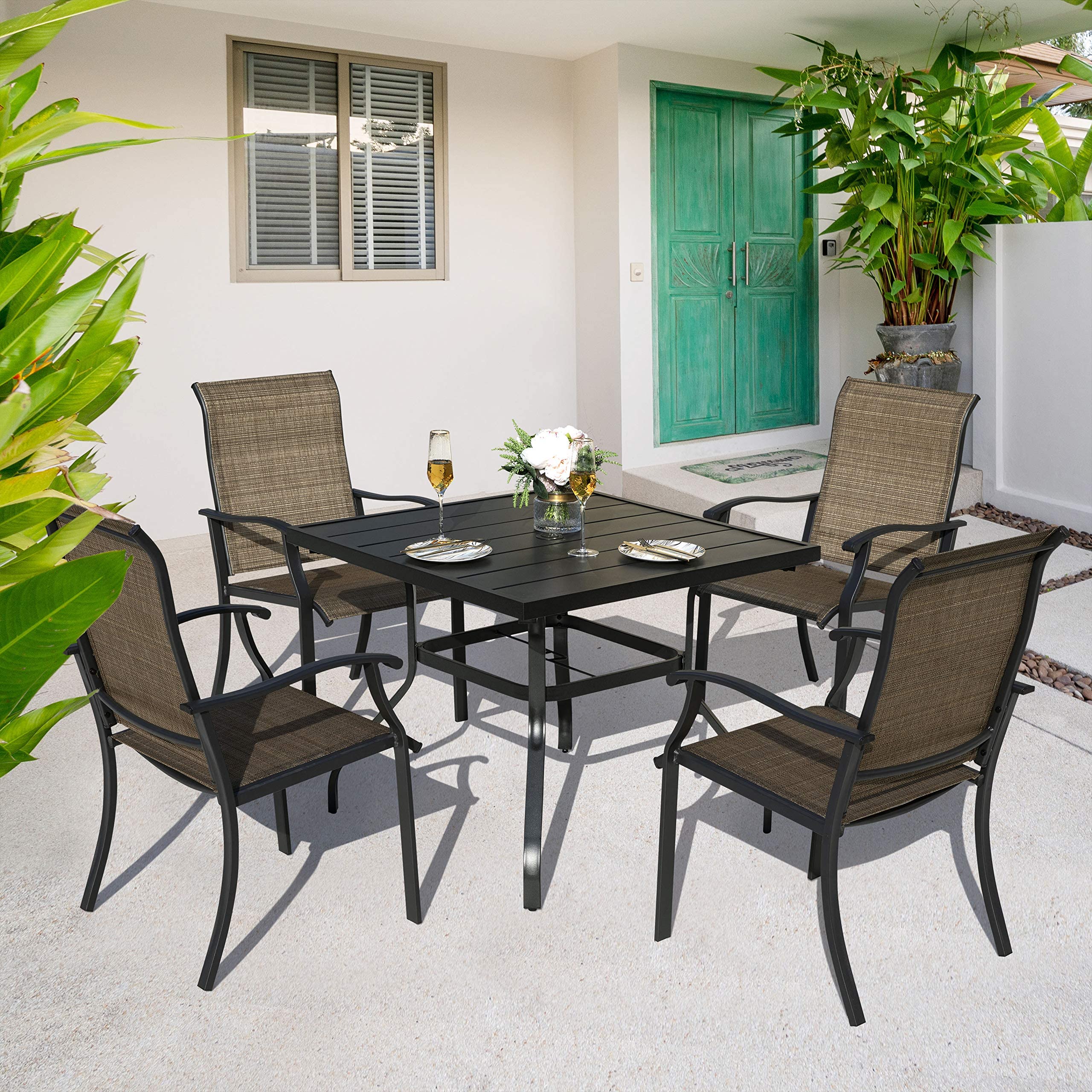 NUU GARDEN Patio Dining Chairs Set of 2 - Indoor/Outdoor Textilene High Back Chairs with Armrests & Iron Frame (Black & Brown) - Perfect for Backyard, Garden, Poolside & Restaurant Outdoor Seating