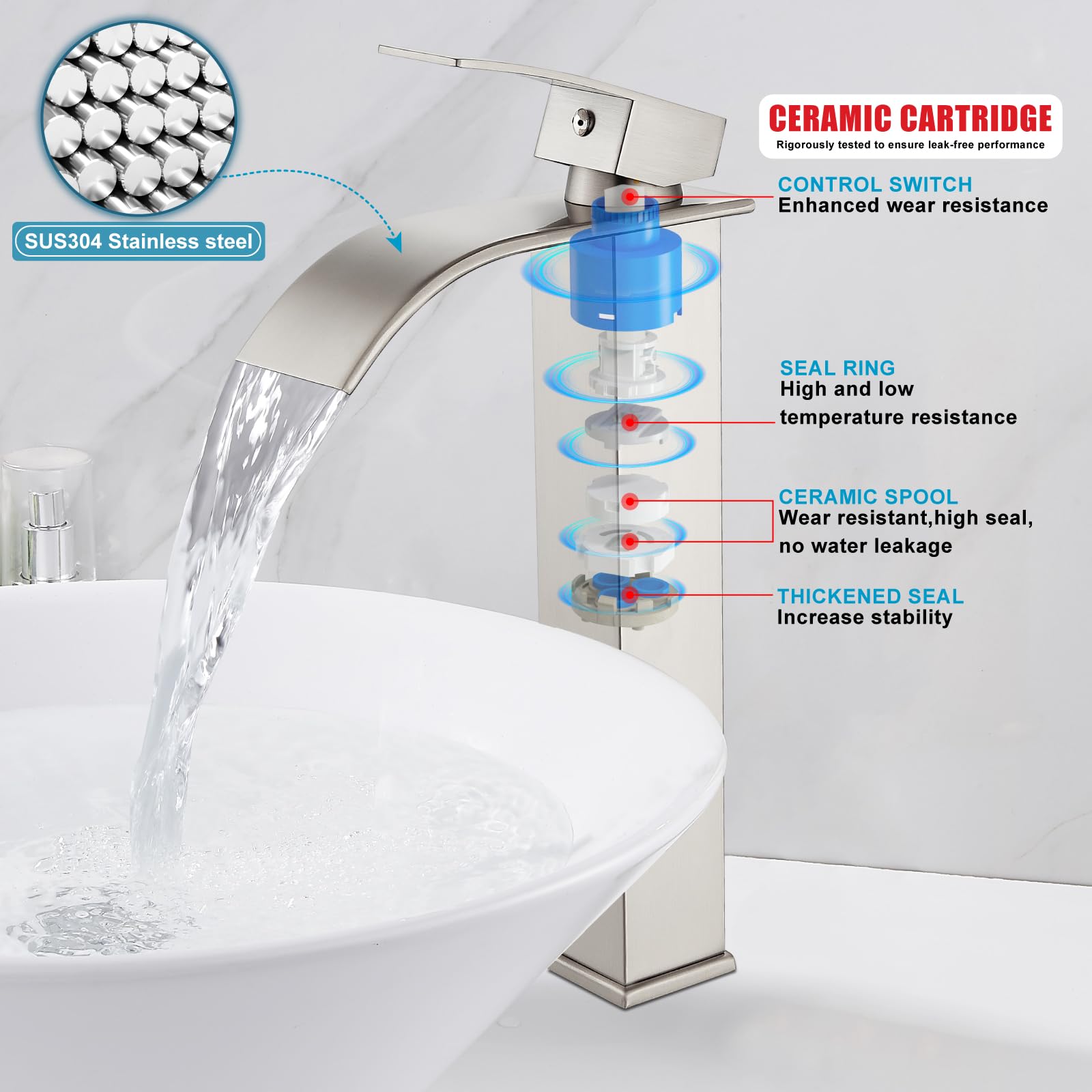 Modern Tall Waterfall Bathroom Faucet - Brushed Nickel for Sink & Vanity