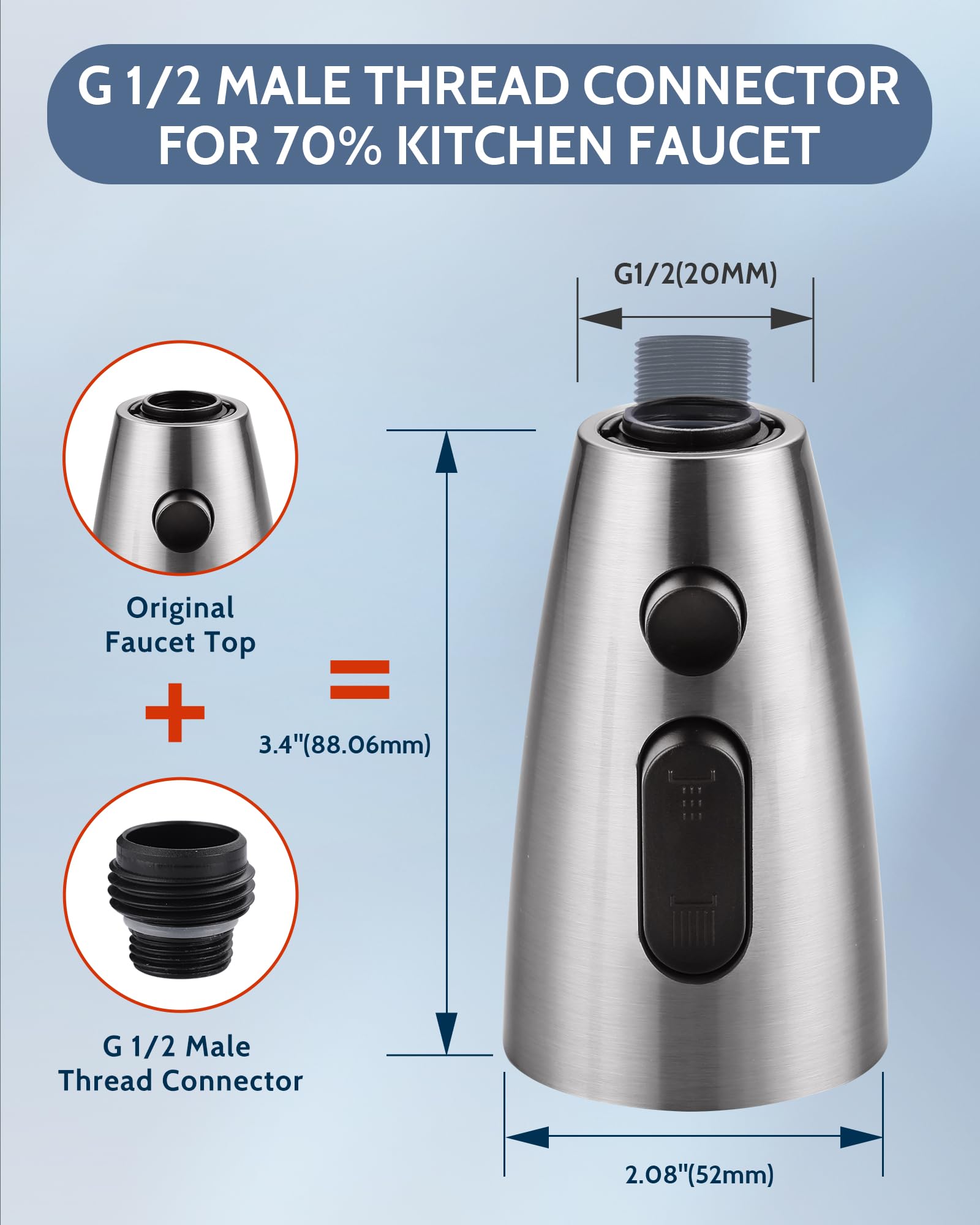 Stainless Steel Kitchen Faucet Head Replacement - 3 Mode Pull Out Spray Nozzle with 9 Adapters, Compatible with Moen Kohler Delta G1/2 Faucets (Brushed Nickel) - Perfect for Kitchen Sink Upgrades & Dishwashing
