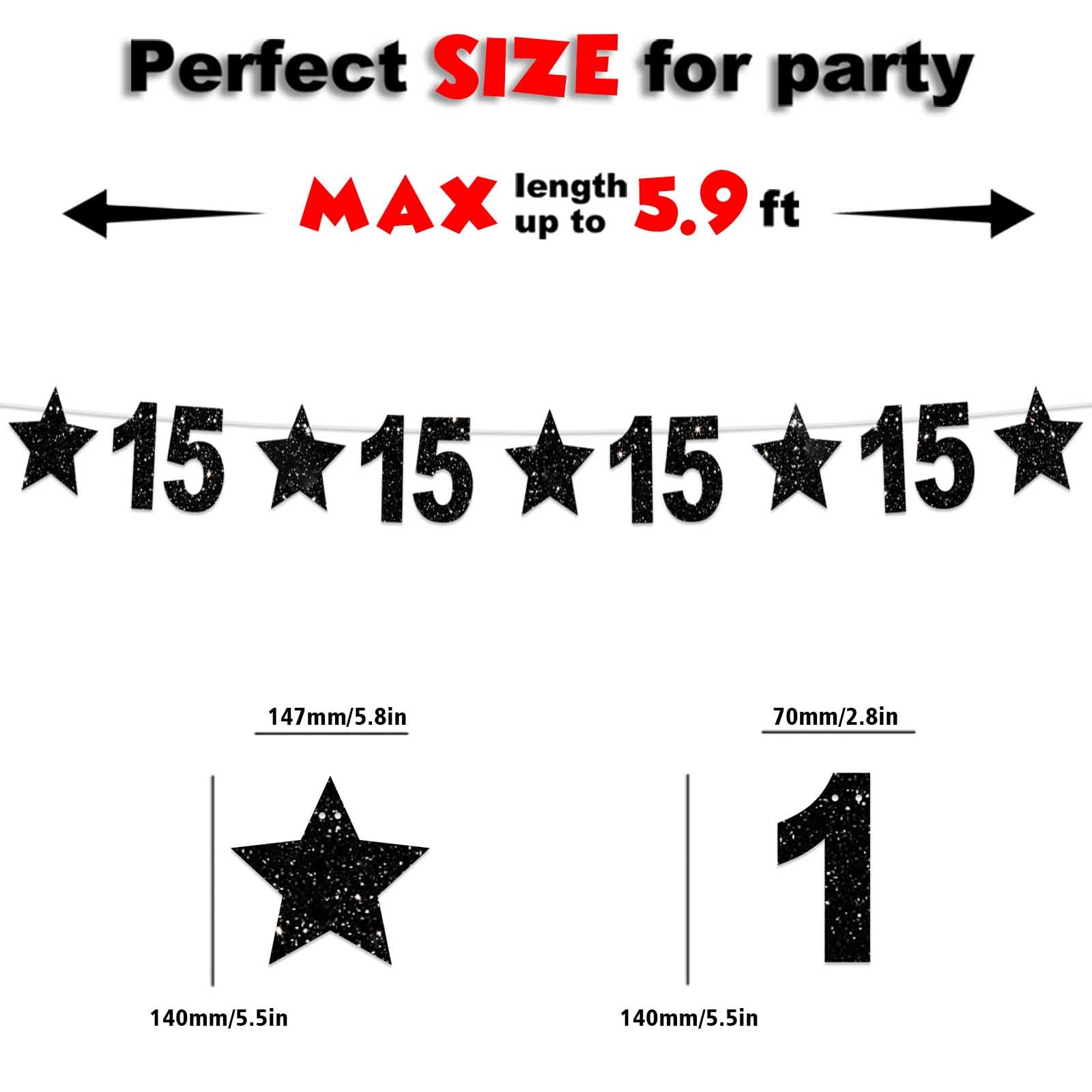 15th Birthday Decorations - Glitter Black Star Banner, Shiny Bright Backdrop for Party, Home, Classroom | Cheers to 15 Years Theme | Perfect for Birthday Celebrations, Festivals & Wall Decor