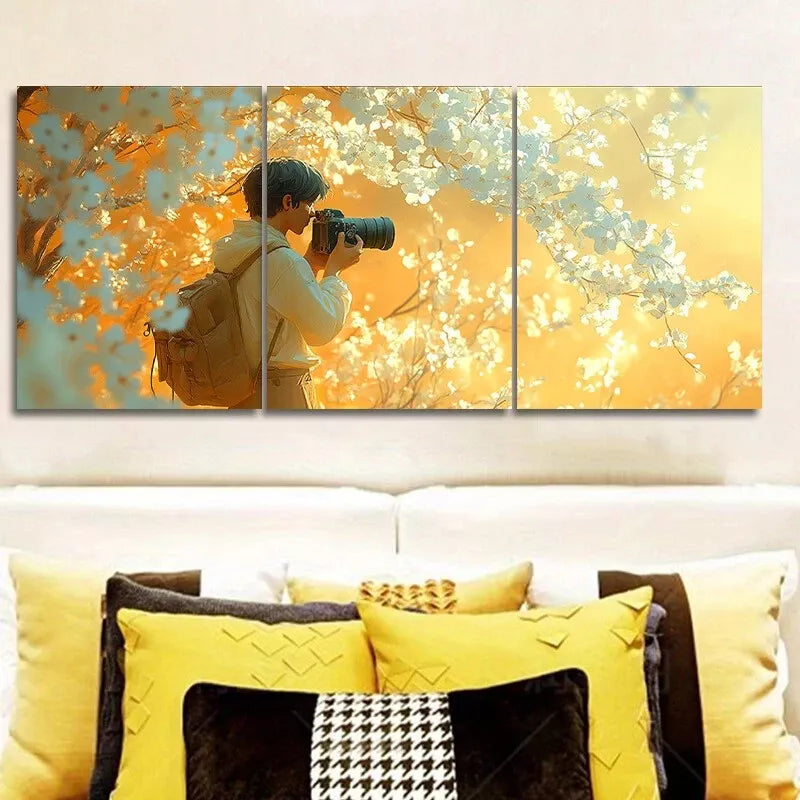 3-Piece Male Cameraman Holding Camera Flowers Wall Art Set - Framed Canvas Prints 40x60cm - High Quality Australian Made - Perfect for Living Room, Bedroom & Office Decor - Ready to Hang