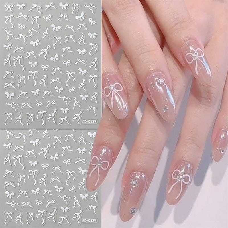 5D White Bowknot Nail Stickers - Elegant 3D Nail Art Decals for Women, Perfect for Parties, Weddings & Special Occasions