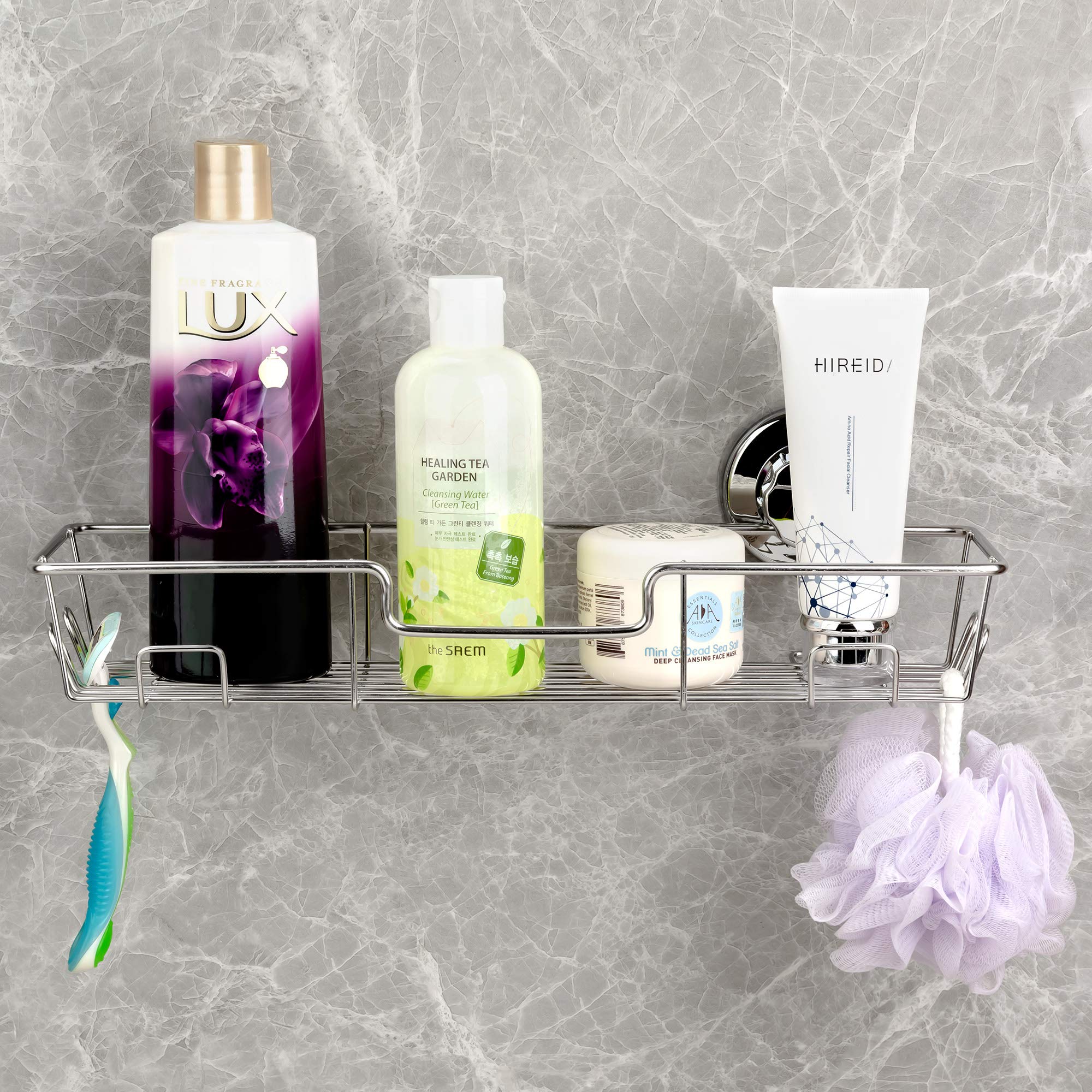iPEGTOP L-4C Strong Suction Cup Shower Caddy with 4 Hooks - Rustproof Chrome Bathroom Organizer for Shampoo, Conditioner, Soap & Razor Storage - Perfect for Shower, Bathtub and Bathroom Organization