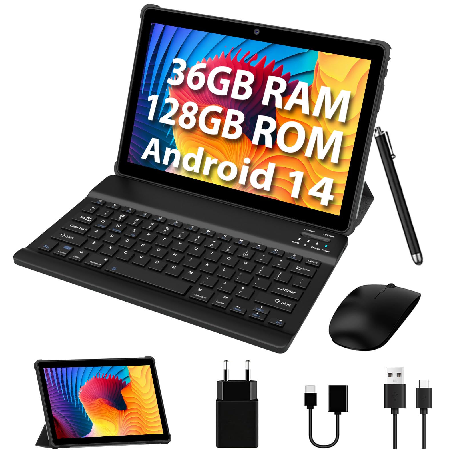 FASTWD 10 Inch Android 14 Tablet (2025 Model) - 5G WiFi, 36GB RAM + 128GB ROM, 8000mAh Battery, Face ID, 2-in-1 Tablet with Keyboard - Black | Perfect for Work, Study & Entertainment