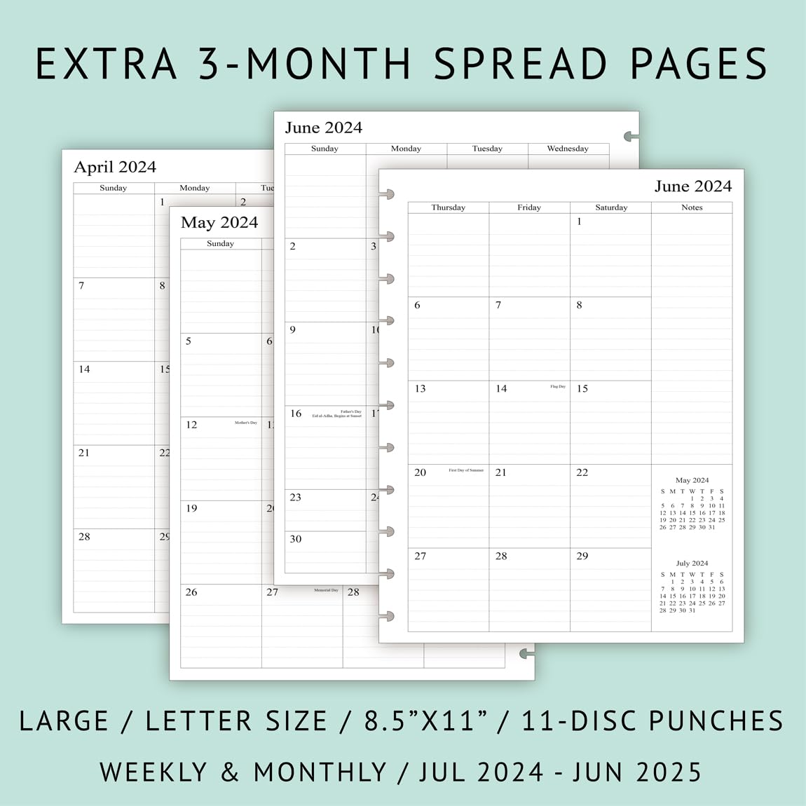 Newestor 2024-2025 Weekly & Monthly Discbound Planner Refills - July 2024 to June 2025 Calendar with 11-Disc Punch Holes - Letter Size 8.5
