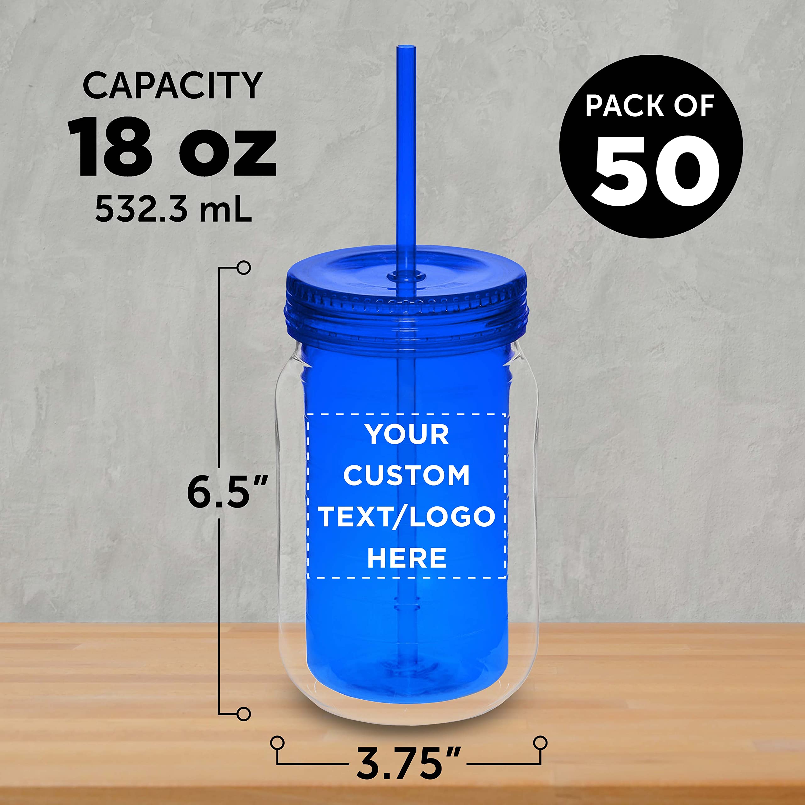 Custom 18 oz Acrylic Tumblers with Straw - Bulk Pack of 50 Personalized Drink Cups - Great for Smoothies, Iced Coffee, Soda & Beverages - Reusable Party Cups for Restaurants, Cafes, Events & Home Use - Blue