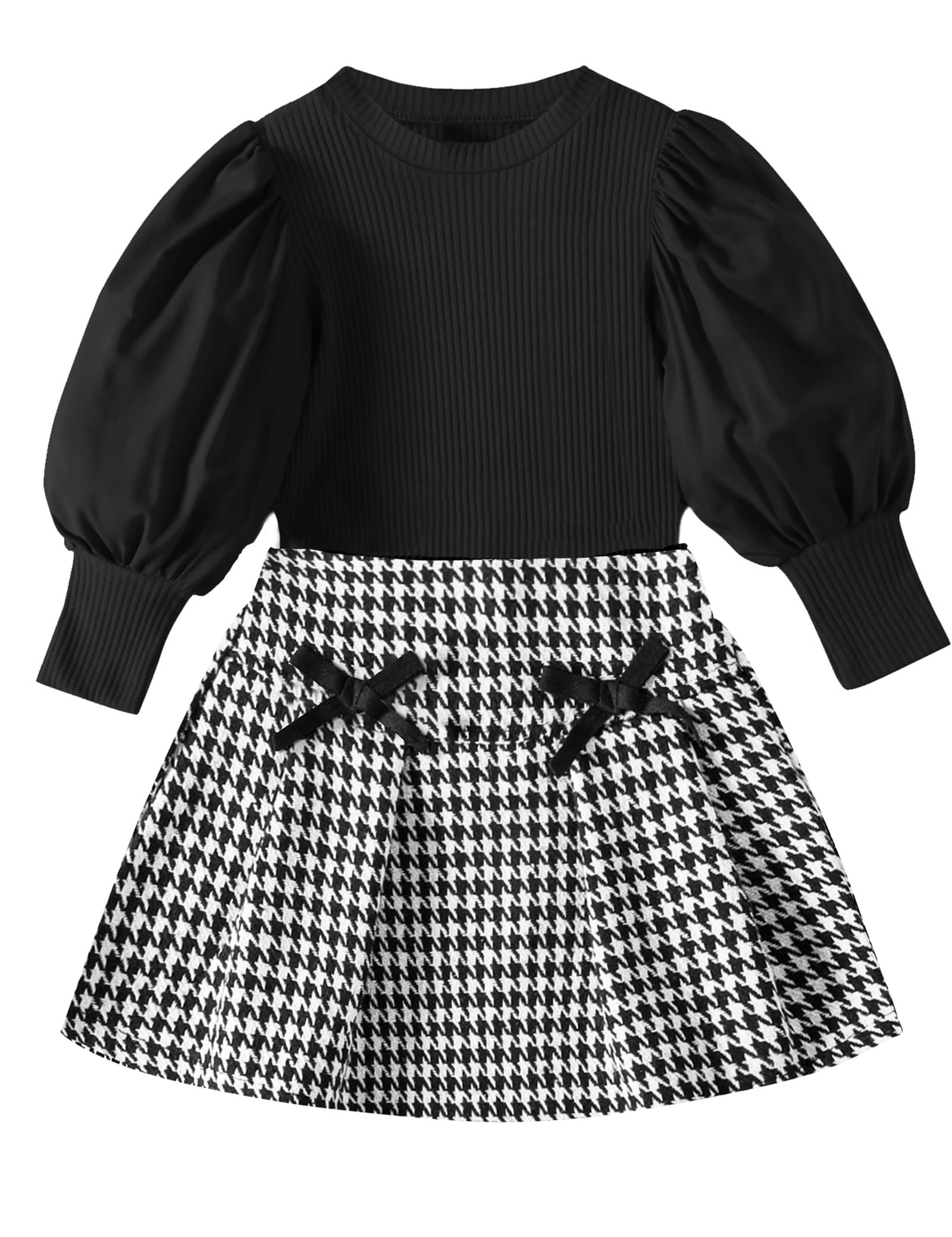 **DONWEN Toddler Girl Outfit Set - Puff Sleeve Top & Plaid Pleated Skirt 2-Piece Winter Clothes for Girls, Fall & Winter Fashion, Perfect for Holidays, Parties & School**