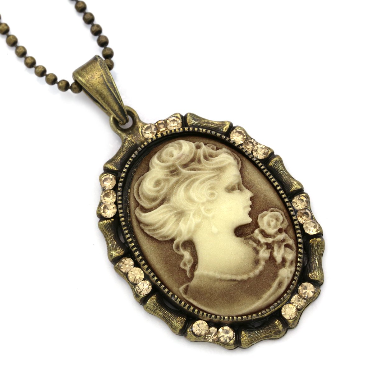 Elegant Light Brown Cameo Pendant Necklace with Rhinestones - Vintage Inspired Women's Fashion Jewelry for Parties, Weddings & Special Occasions