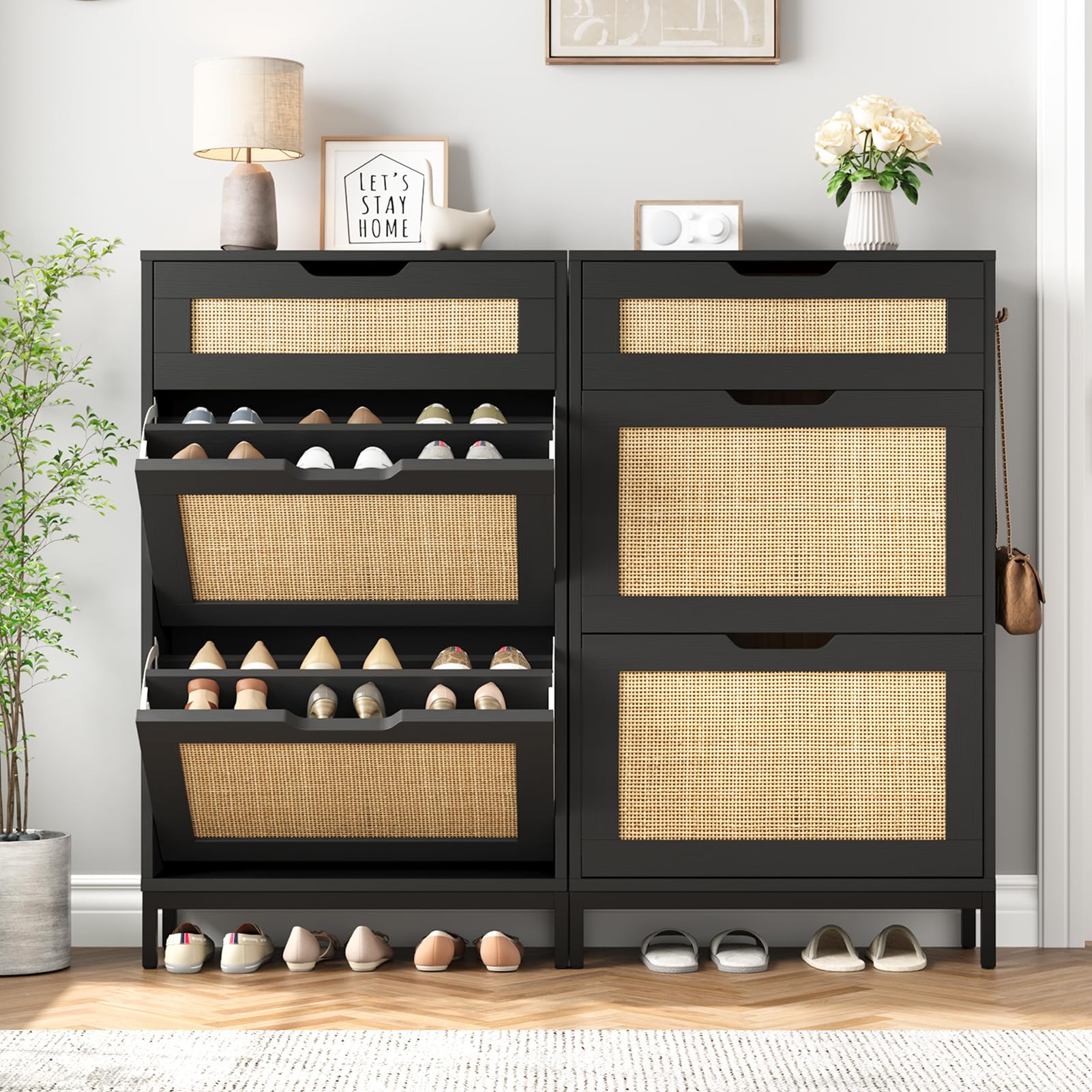 Modern Rattan Shoe Storage Cabinet - Narrow Entryway Shoe Organizer with 2 Flip Drawers, Free Standing Boho Style Shoe Rack for Hallway & Foyer - Perfect for Small Spaces & Hidden Shoe Storage (Black)