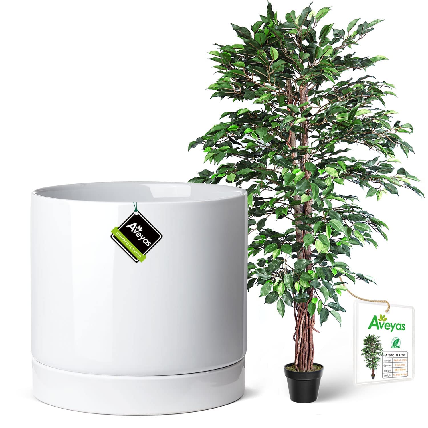 10 Inch White Ceramic Planter Pot with 6ft Faux Ficus Tree - Modern Shiny Flower Pot for Indoor Plants, Home Office Decor, Living Room Centerpiece