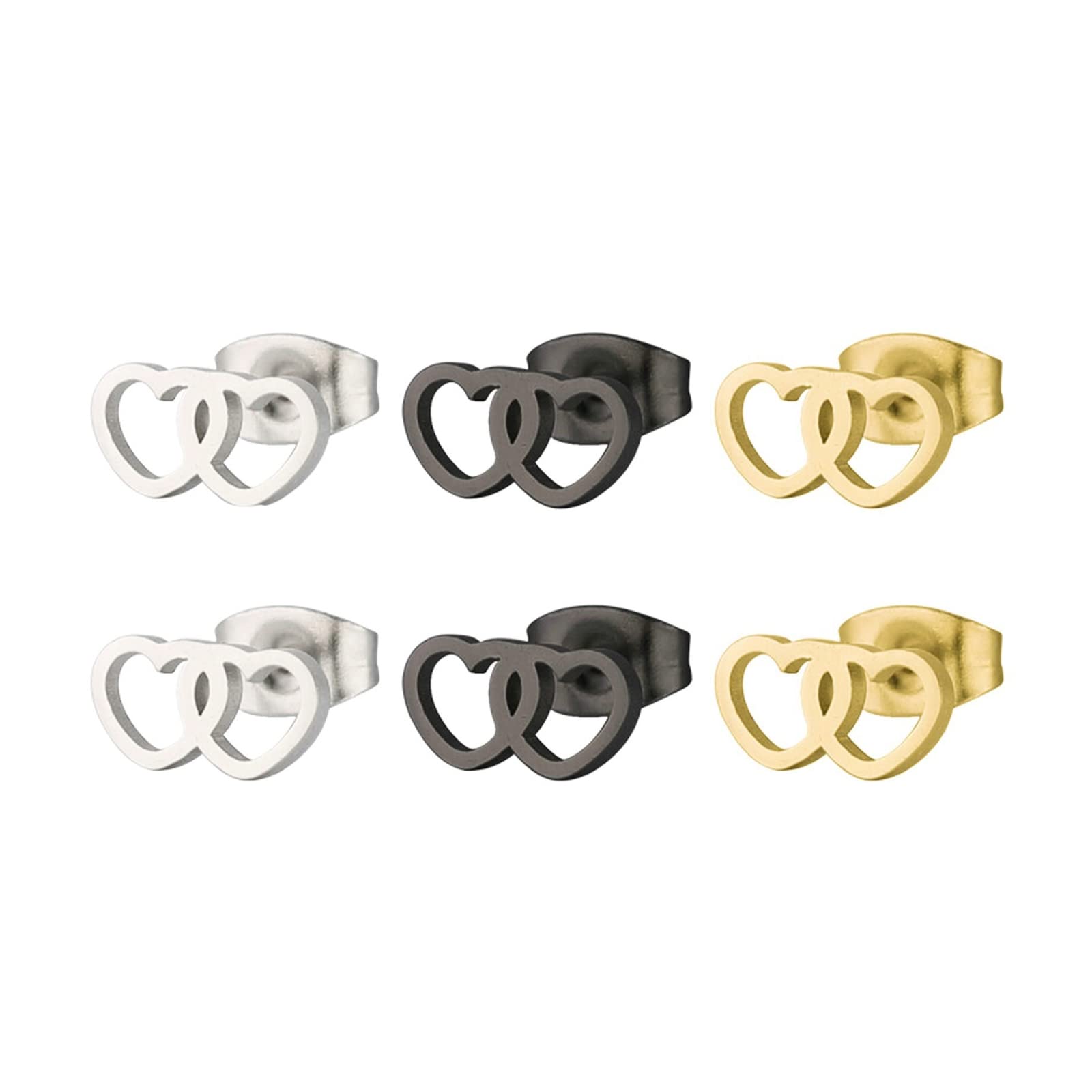 Titanium Stud Earrings for Women - 3 Pairs Silver Black Gold Double Hollow Heart Earrings | Hypoallergenic, Lightweight Jewelry for Everyday Wear, Gift Giving & Special Occasions