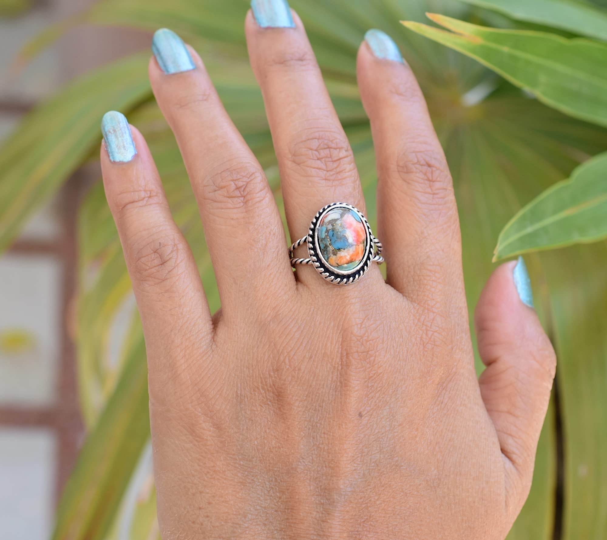 Vintage Handmade Oyster Copper Turquoise 925 Sterling Silver Ring - Boho Hippie Jewelry - Spiny Turquoise Birthstone Ring - Perfect Birthday Gift for Women - TQ-22 - Ideal for Festivals, Boho Fashion & Everyday Wear