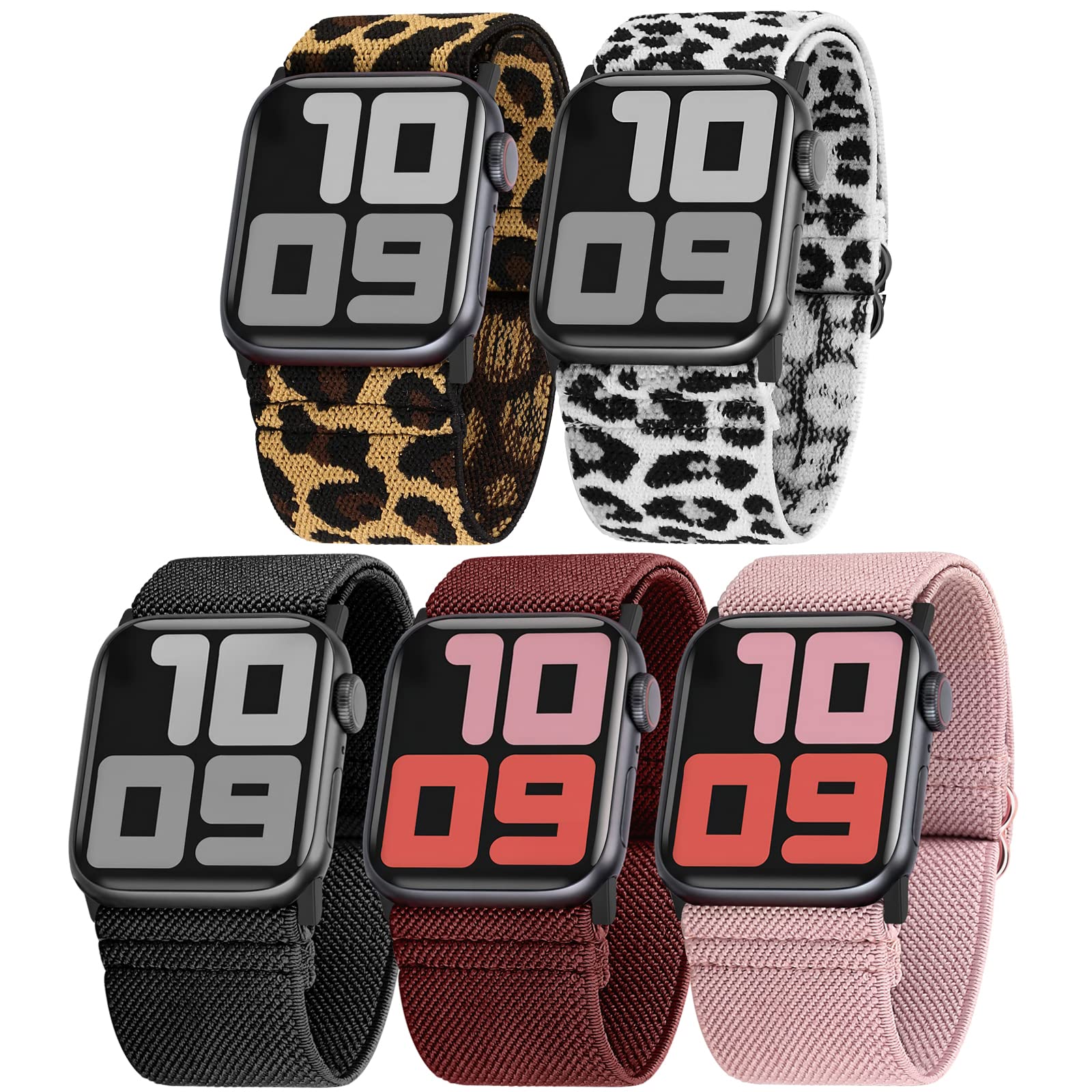GrTrees 5 Pack Ultra Wide Stretchy Nylon Sport Watch Bands - Compatible with Apple Watch 45mm 44mm 42mm 41mm 40mm 38mm, iWatch Series 7/6/SE/5/4/3/2/1 for Men & Women - Adjustable, Breathable & Comfortable for Running, Gym & Daily Wear