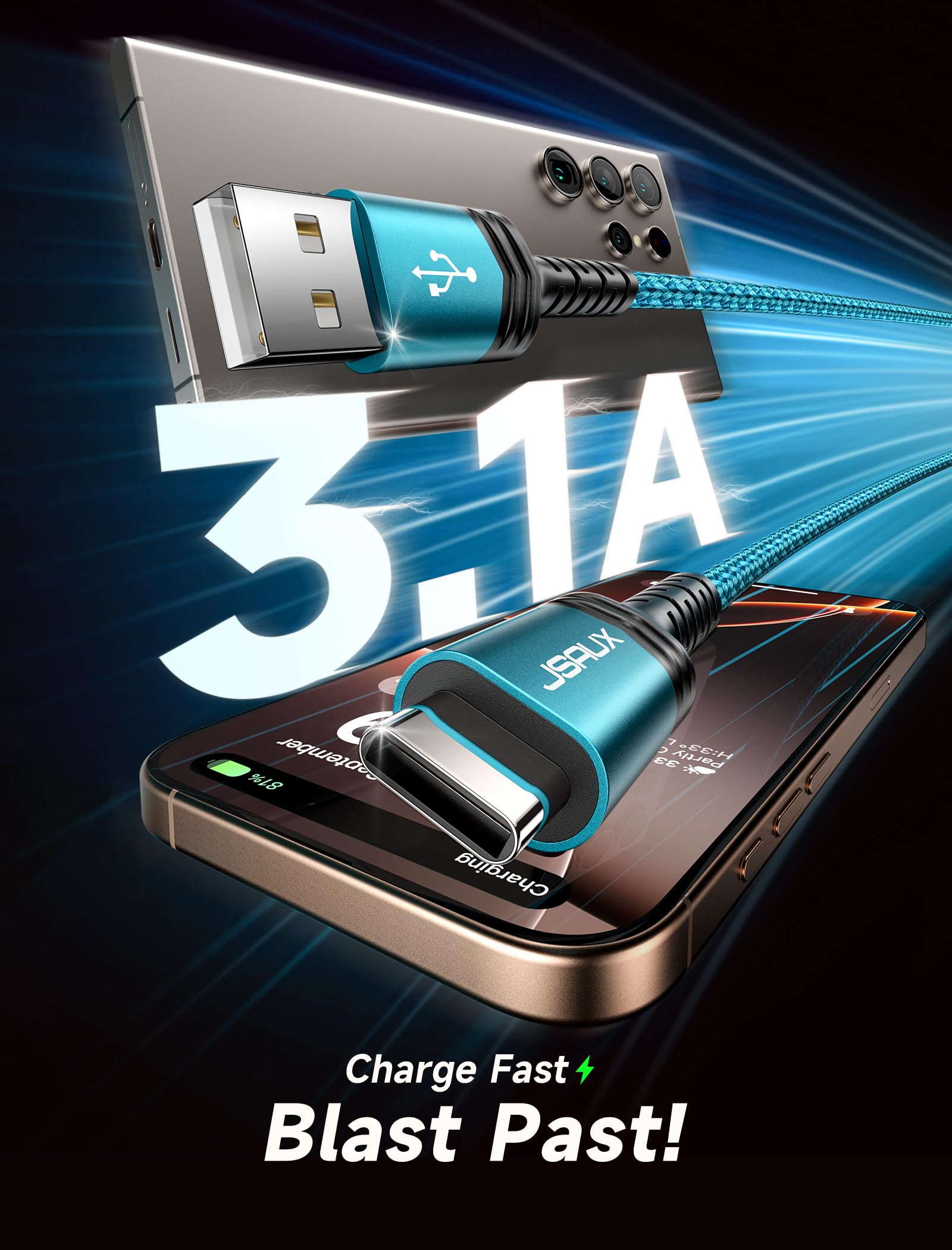 JSAUX 6.6FT 2-Pack USB C to USB C Fast Charging Cable 3.1A Braided Cord - Compatible with iPhone 16/15/Pro/Max/Plus, Samsung Galaxy S24/S23/S22/Note 10, PS5 Controller, OnePlus - Green | Perfect for Home, Office & Travel Charging