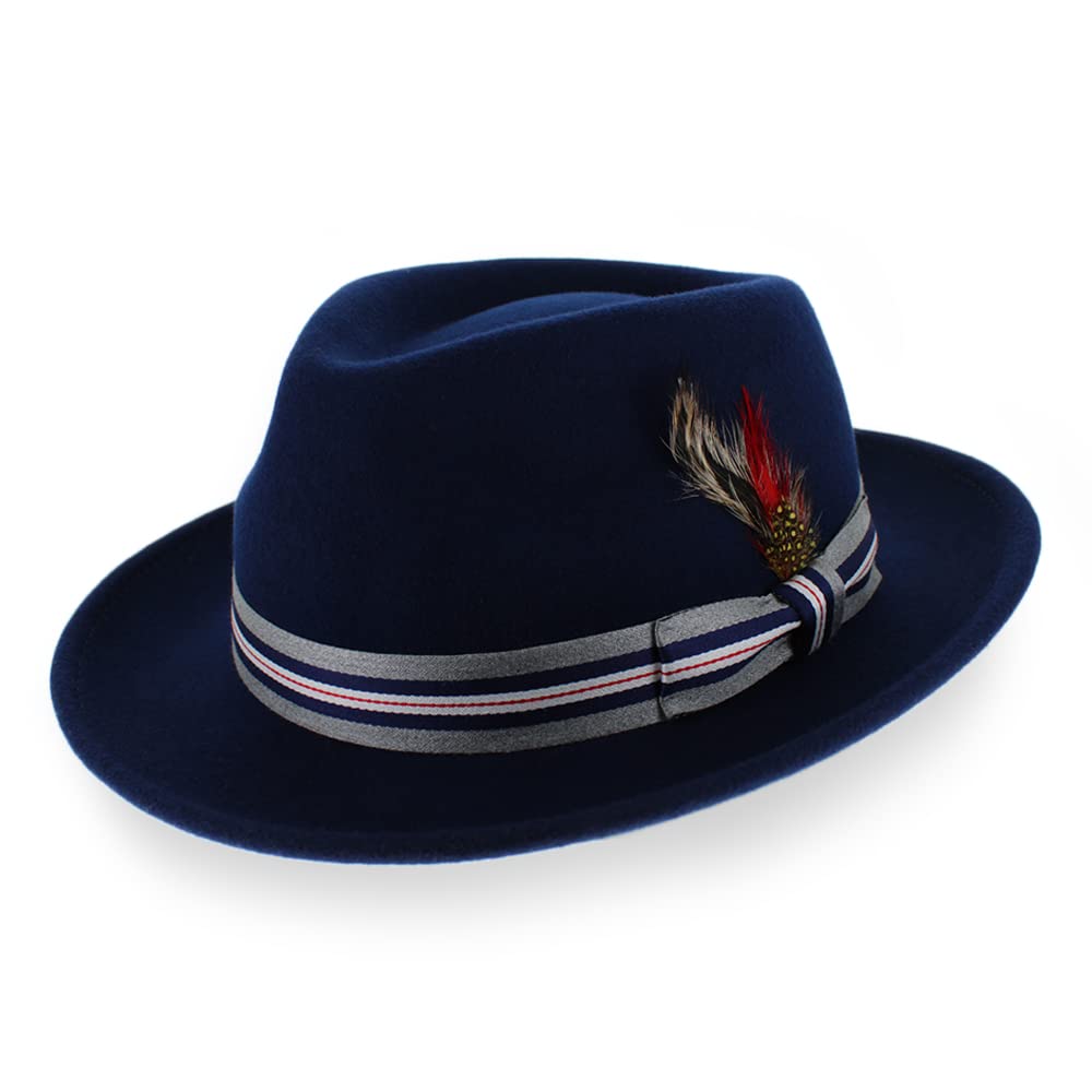 Crushable Wool Fedora Hat for Men - Stain Resistant, Navy Grey Stripe - Perfect for Outdoor & Casual Wear
