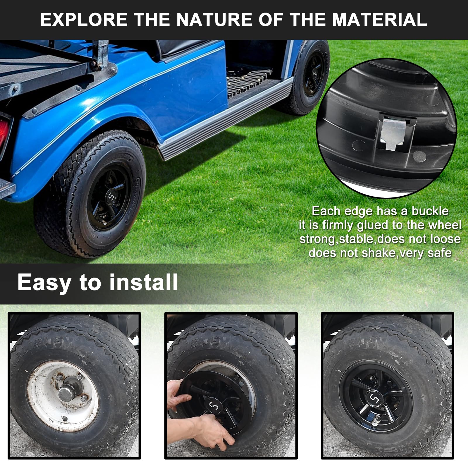 8 Inch Universal Golf Cart Wheel Covers - Black Snap-on Hub Caps for Yamaha, Club Car, EZGO & Most Golf Carts (Set of 4) | Durable Protection & Stylish Upgrade for Golf Course or Neighborhood Rides