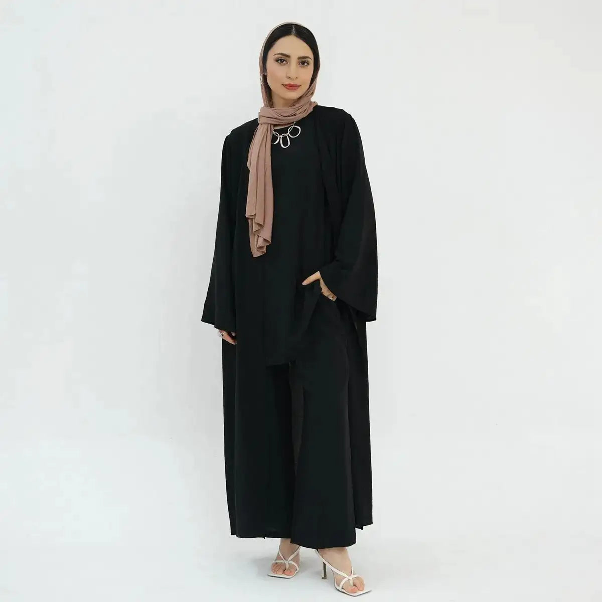 3-Piece Sleeveless Top & Pant Suit with Open Abaya Dress for Muslim Women - Modest Islamic Fashion for Prayer, Eid, Wedding & Special Occasions