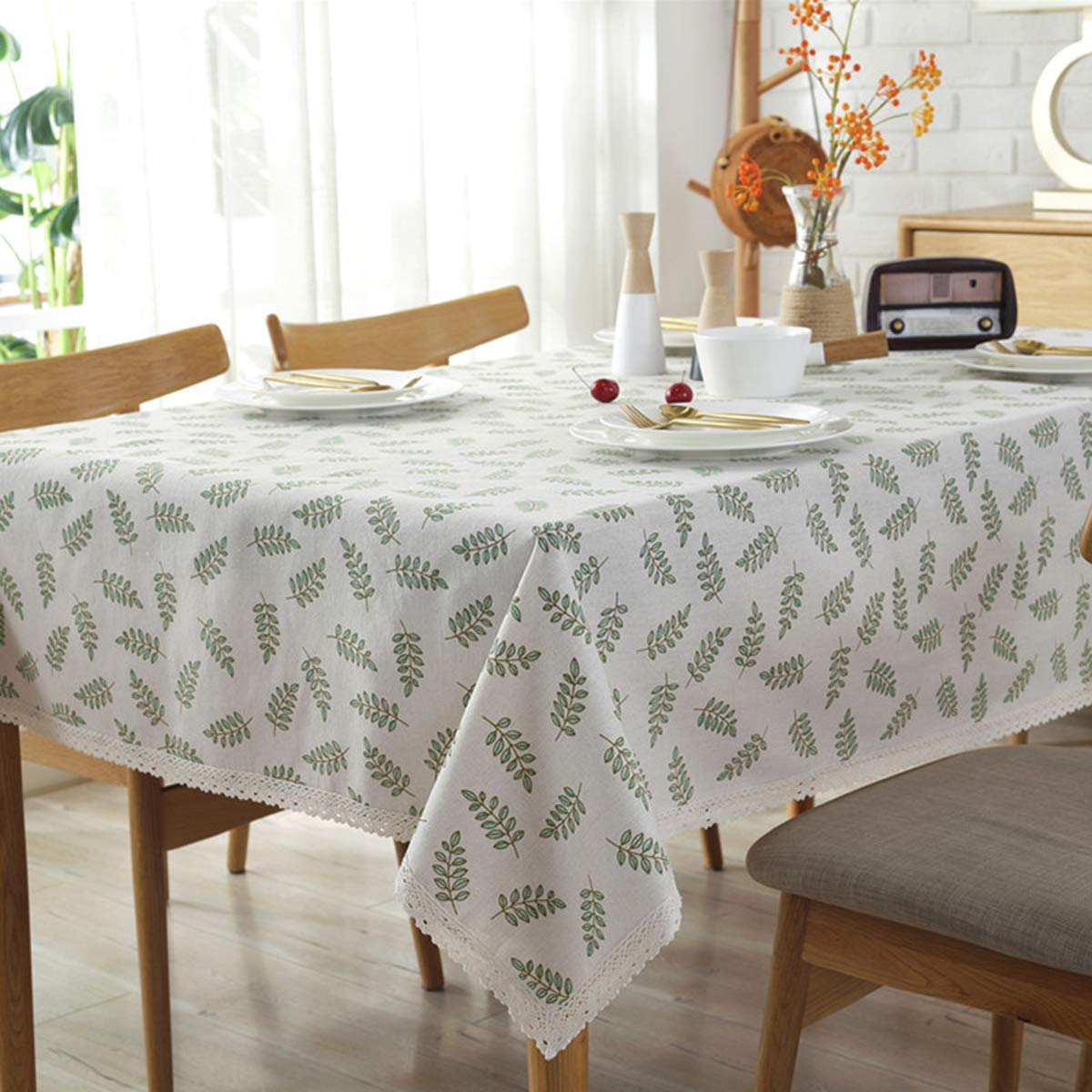 Bringsine Vintage Cotton Linen Lace Tablecloth - Washable Rectangular/Oblong Table Cover 55x87 Inch for Dining, Picnic & Home Decor | Classic Leaves Design
