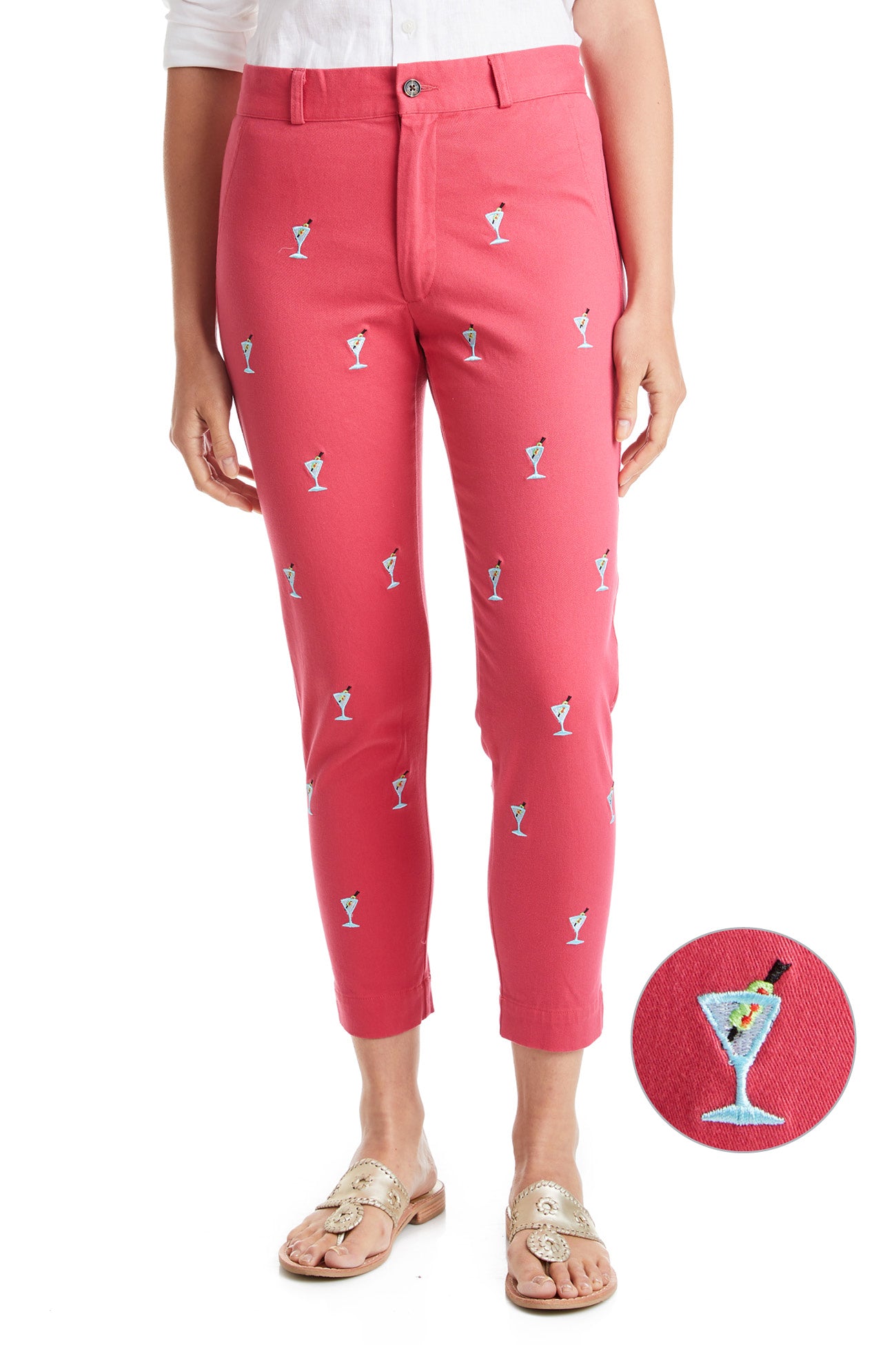 Stretch Twill Ankle Capri Pants in Hurricane Red with Martini Print - Comfortable Women's Casual Pants for Work, Travel & Outdoor Activities