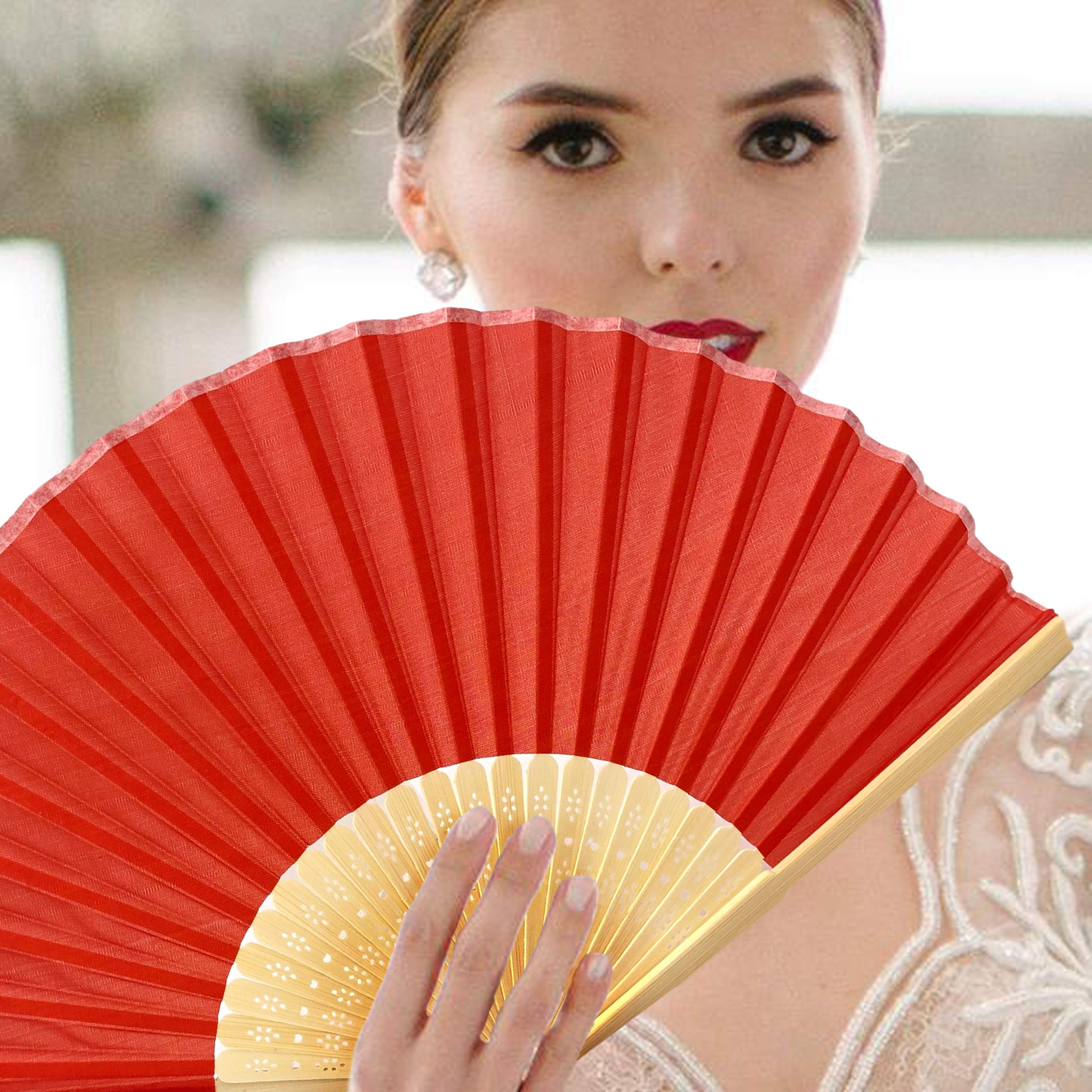 10 Pack Handheld Fabric Fans with Tassel - Premium Bamboo Ribs for Wedding, Party Favors, Outdoor Events & Summer Cooling - Elegant Red Design
