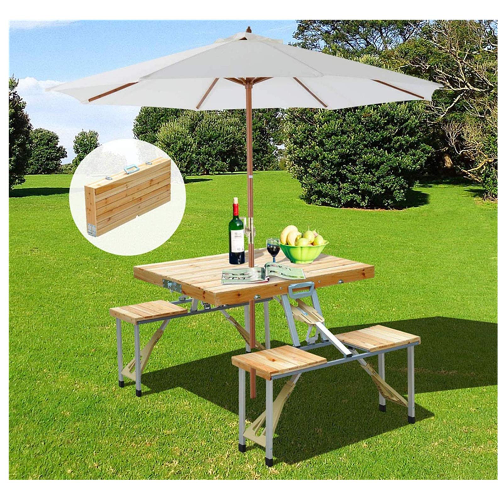 Portable Folding Picnic Table and Chairs Set with Umbrella - 4 Seat Wooden Outdoor Dining Furniture for Camping, BBQ, Backyard Parties, Patio & Picnic Use | Perfect for Family Gatherings, Beach Outings and Garden Events