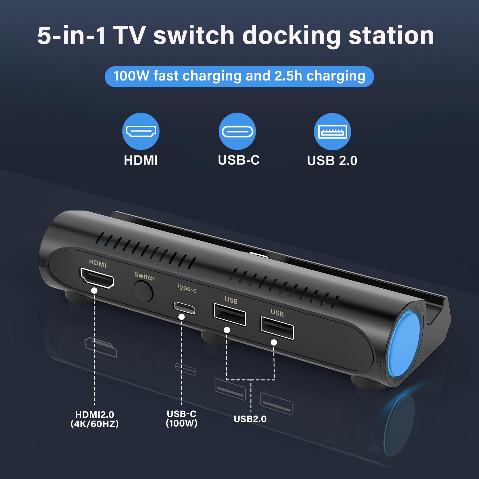 Nintendo Switch Dock Station for Switch & Switch OLED - Portable Charging Stand with 4K HDMI Output & 2 USB Ports - Replacement Dock for Gaming at Home or Travel