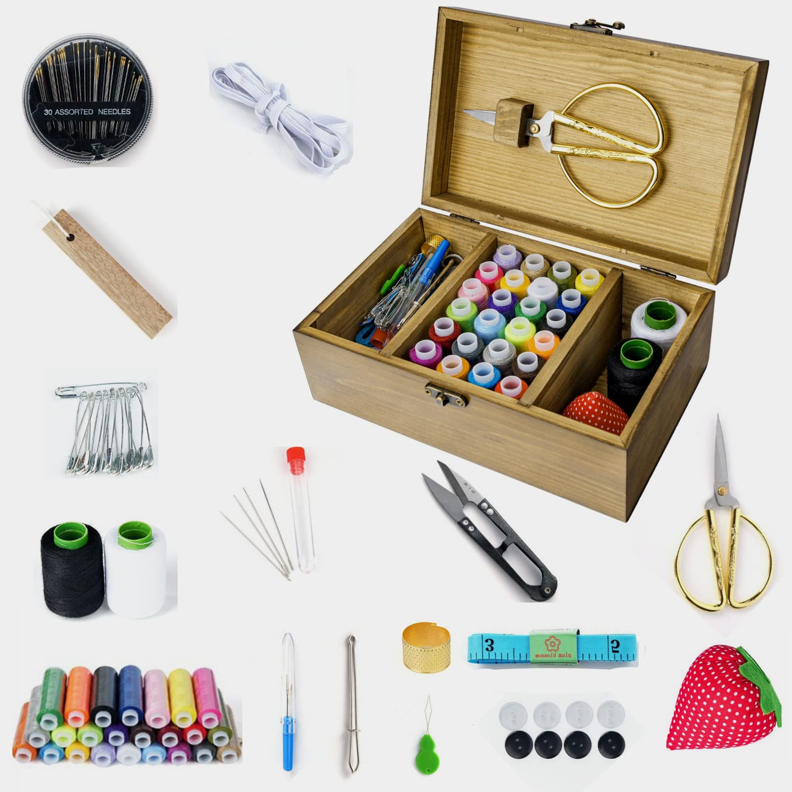 **Vintage Wooden Sewing Kit – Complete Hand Sewing & Repair Tool Set with Needles, Thread & Accessories for Adults, Teens & Beginners – Perfect for Home, Travel & DIY Projects**