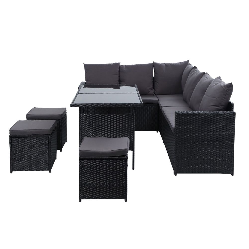Premium Gardeon 9-Piece Outdoor Wicker Patio Furniture Set - Black Dining Table & Sofa Lounge Set for Backyard, Garden, Poolside & Deck