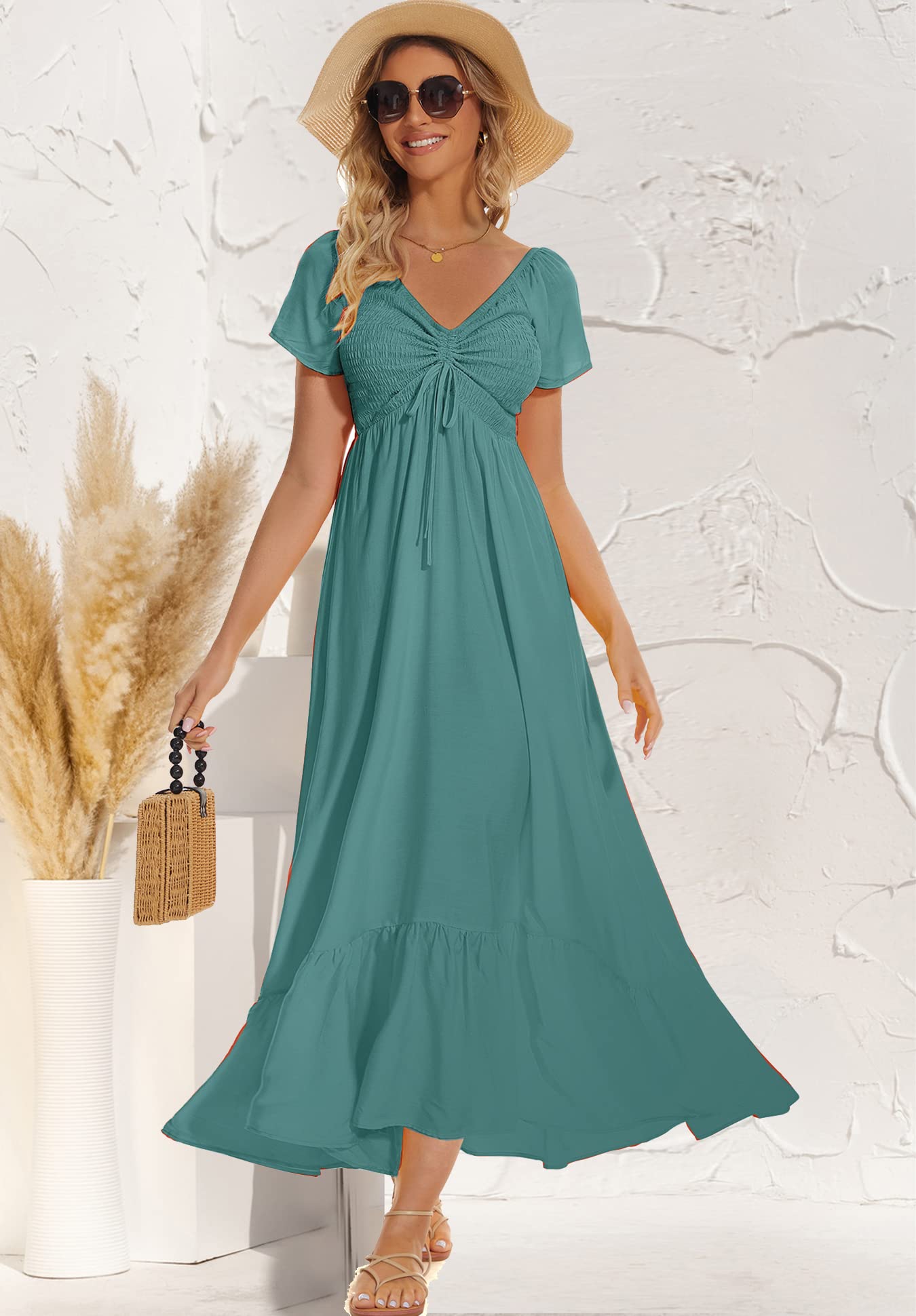 Women's Floral Maxi Dress - Short Sleeve Boho Beach Dress for Summer | Casual Flowy Long Dress for Party, Vacation & Outdoor Events