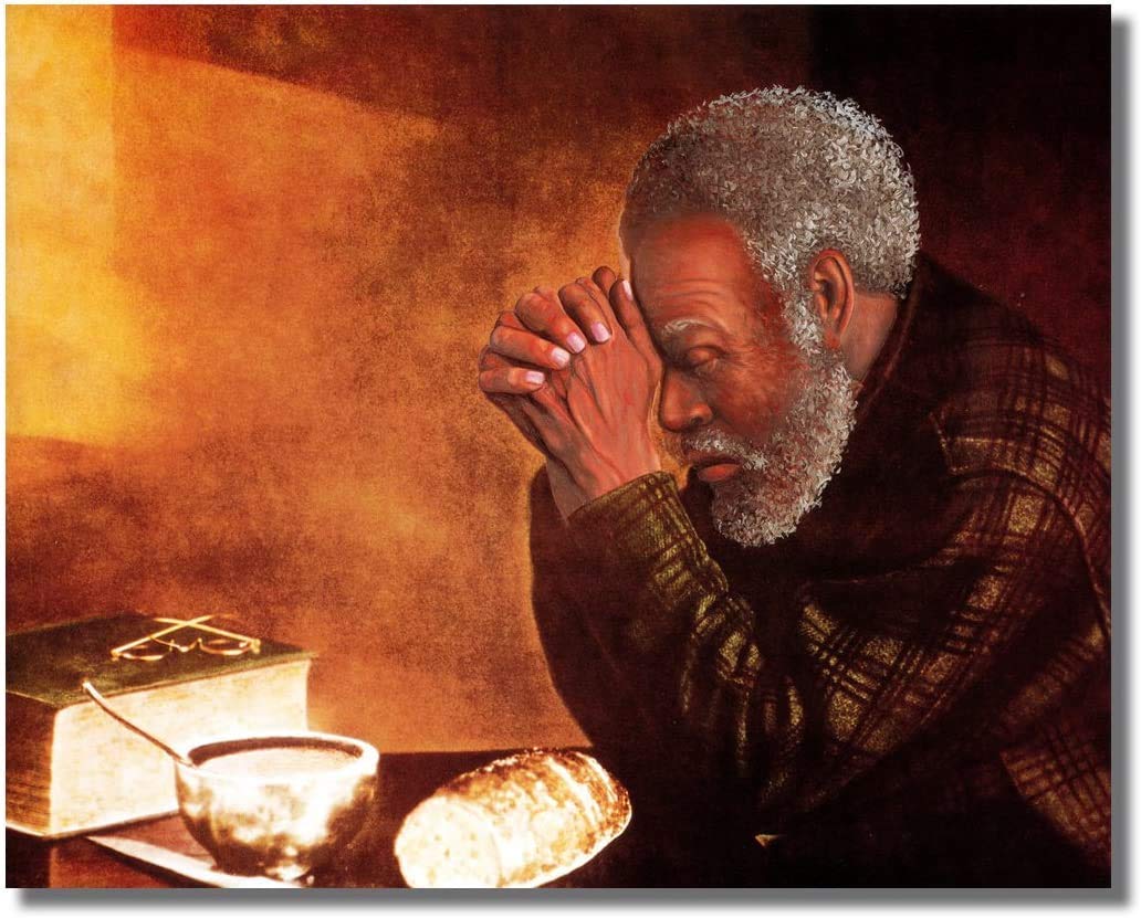 8x10 Inch Gold Framed Religious Wall Art - African American Man Praying at Dinner Table, Daily Bread Christian Home Decor for Living Room, Bedroom & Church