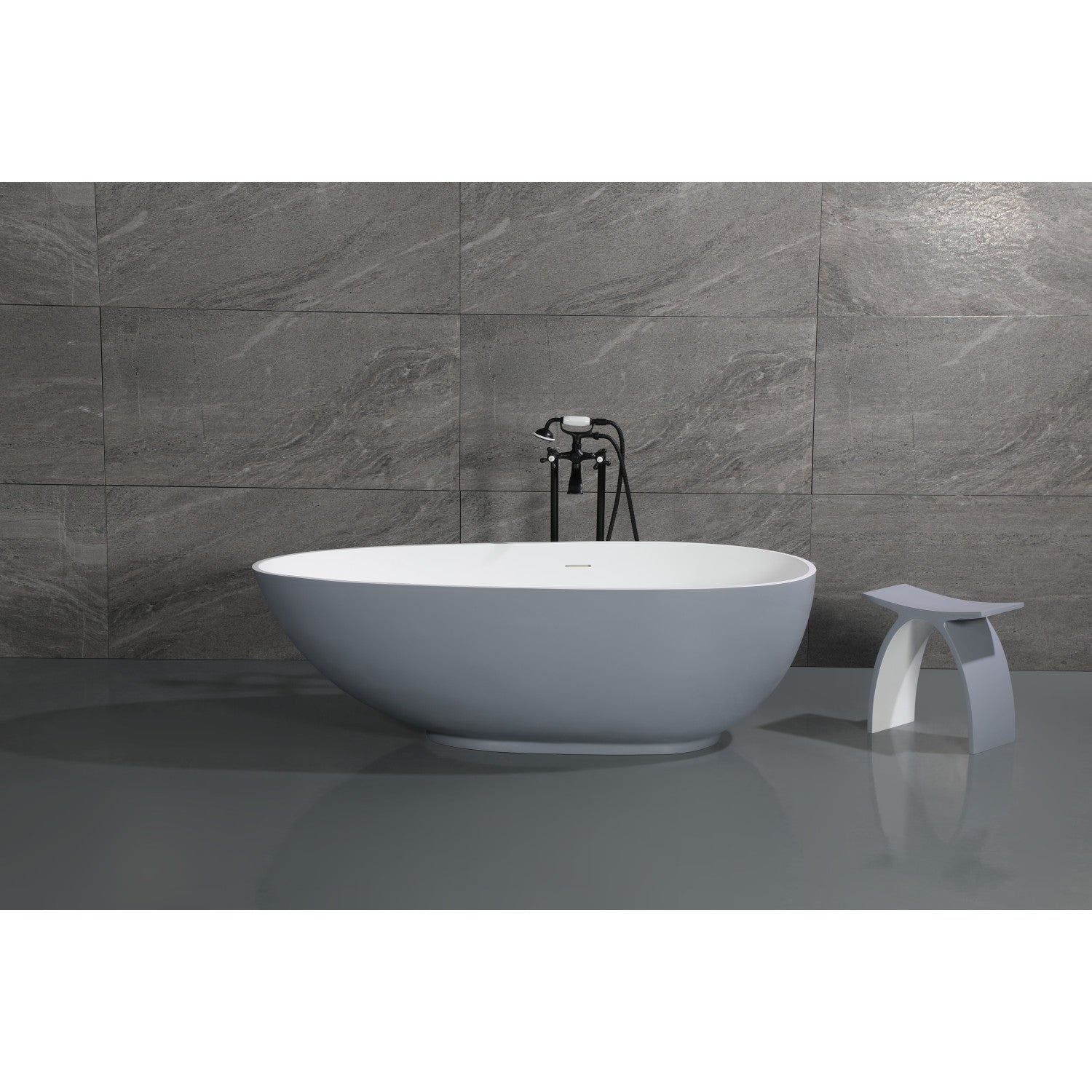Arcticstone 67 Inch Freestanding Bathtub - Double Ended Egg Shaped Solid Surface Tub with Drain in Glossy White/Matte Gray | Modern Bathroom Luxury for Spa-Like Relaxation