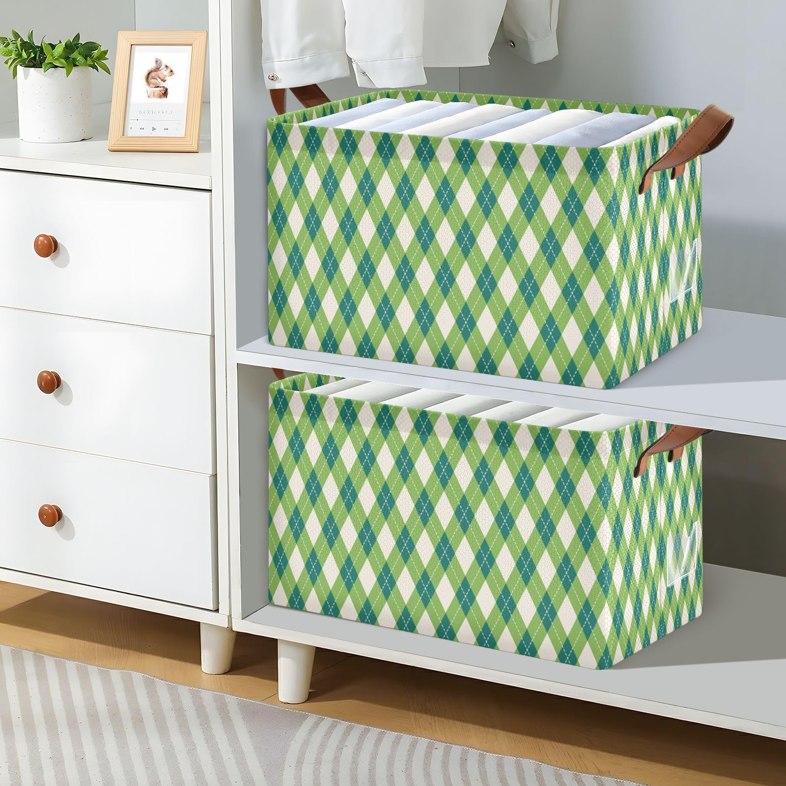 Premium Green Checkered Fabric Collapsible Storage Baskets with Handles - 2 Pack Foldable Storage Cubes for Organizing Shelves, Closet, Wardrobe | Perfect for Home, Office & Nursery Organization