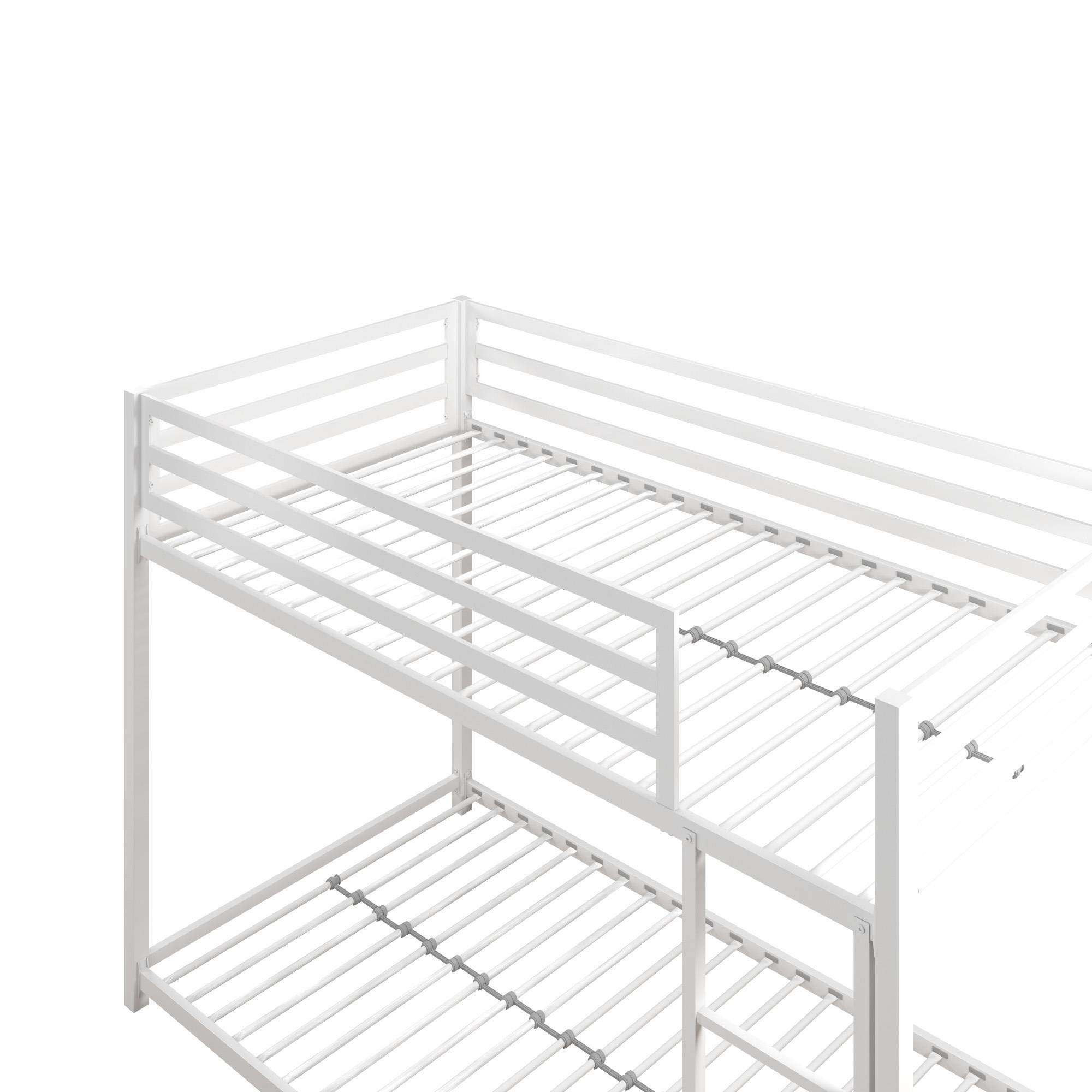DHP Miles Low Metal Bunk Bed Frame for Kids - Twin Over Twin with Built-in Ladder & High Guardrail - Sturdy Metal Slats Support - No Box Spring Needed - Space Saving Design - Perfect for Small Bedrooms, Kids Rooms, Dorms & Guest Rooms - White