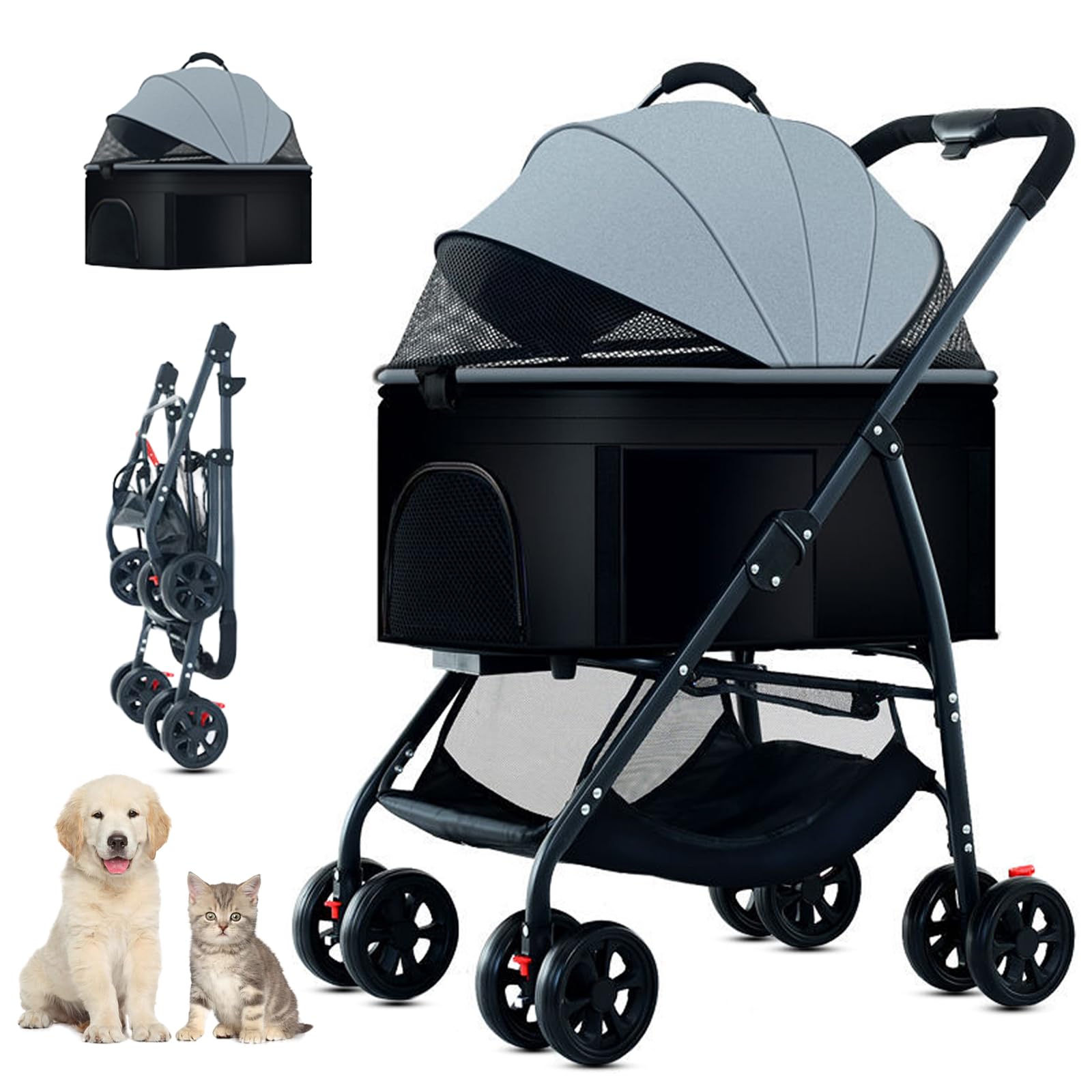 3-in-1 Folding Lightweight Pet Stroller for Dogs & Cats up to 55lbs - Travel Carrier with Storage Basket, Jogger Wagon for Small & Medium Pets (Grey) | Perfect for Park Walks, Vet Visits & Outdoor Adventures