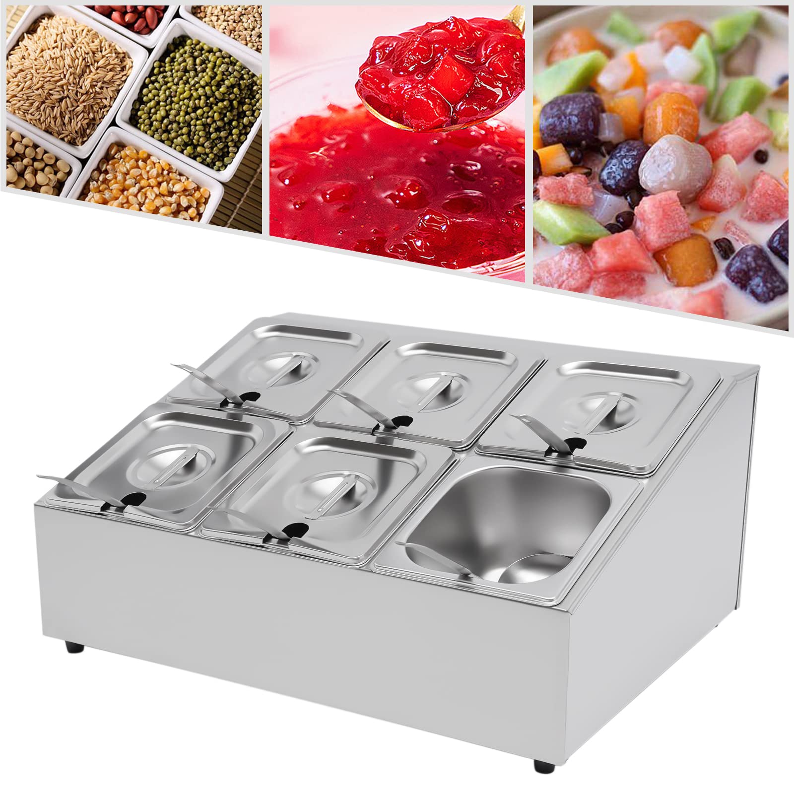 Stainless Steel Spice Rack Shelf with 6 Pans & 6 Ladles - Countertop Organizer for Seasonings, Sauces, Jams, Fruits - Space-Saving Inclined Kitchen Pantry Storage (2 Rows) - Perfect for Home Cooking, Baking & Restaurant Use