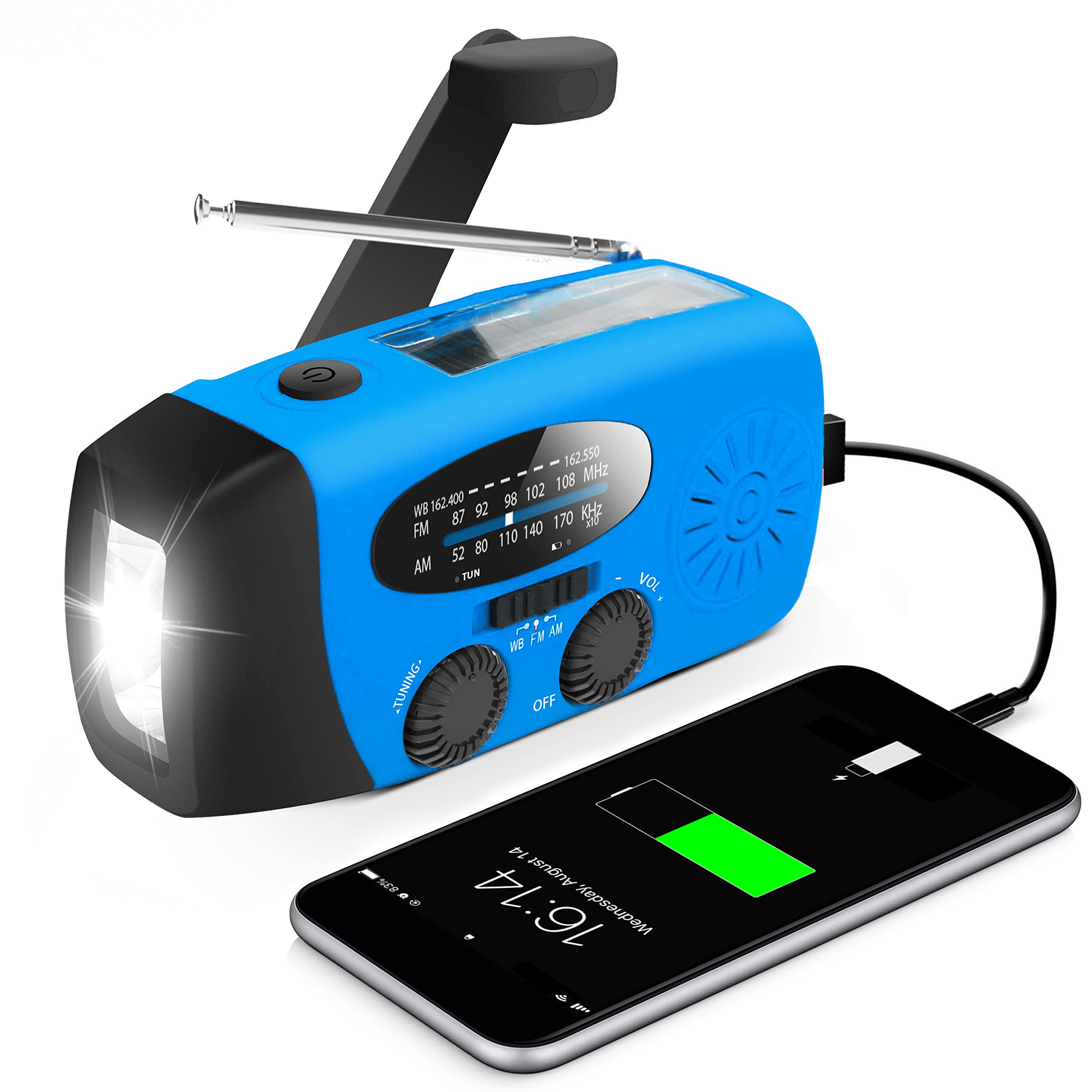 Emergency Hand Crank AM/FM Weather Radio with LED Flashlight, 2000mAh Power Bank & Phone Charger - Solar/USB Charging for Camping, Hiking, Power Outages & Survival Kits (Blue)