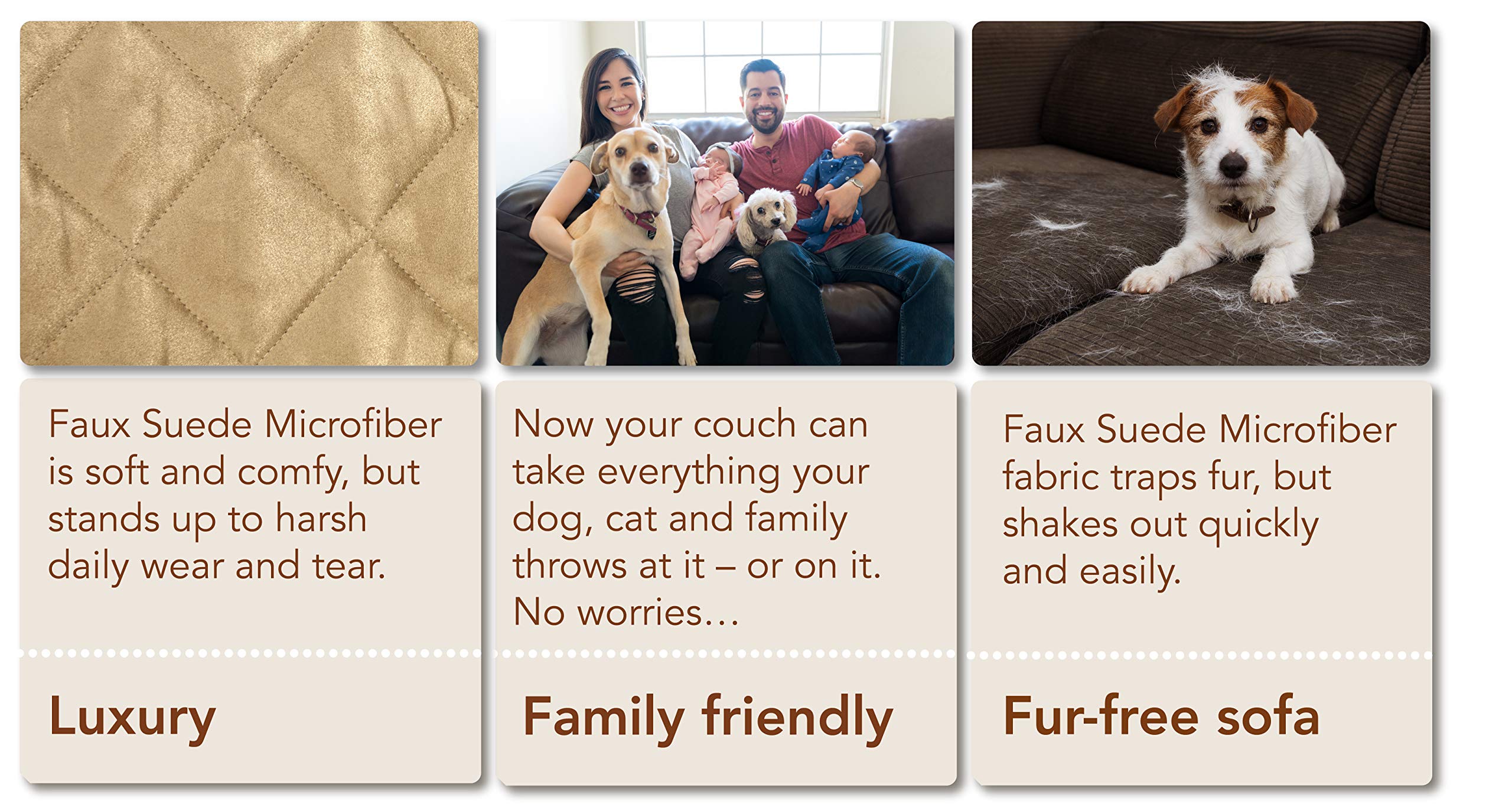 Waterproof Full Coverage Faux Suede Microfiber Sofa Cover - Stay in Place Furniture Protector for Large 3-Cushion Couches (Tan) | Perfect for Pets, Kids & Spill Protection in Living Rooms