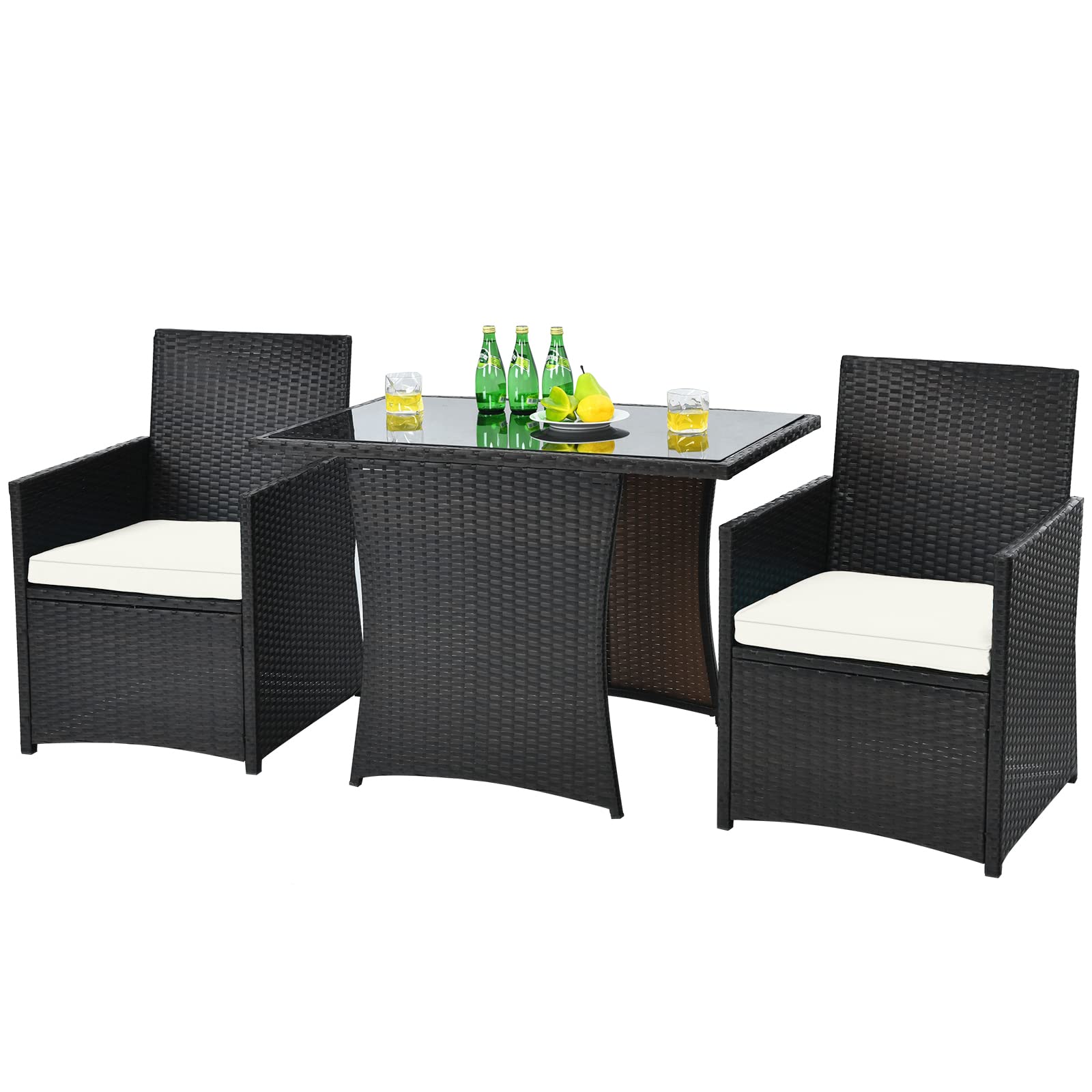 HappyGrill 3-Piece Outdoor PE Rattan Bistro Set with Cushioned Chairs - Patio Dining Table & Conversation Set for Backyard, Porch, Garden & Poolside - Perfect for Al Fresco Dining, Relaxing & Outdoor Entertaining