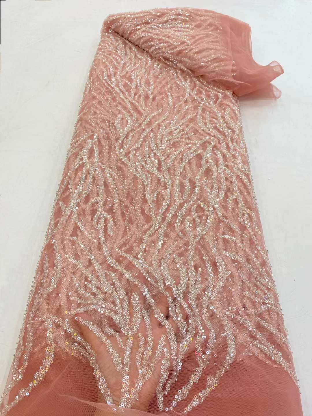 Premium African Lace Fabric - High-Quality French Beaded Lace with Sequins for Wedding Dresses (Coral Red, 5 Yards) - Perfect for Bridal Gowns, Evening Dresses & Special Occasion Attire