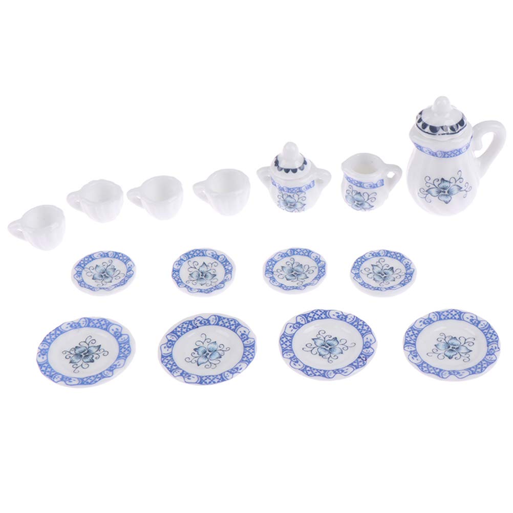 Eyomii 15-Piece Miniature Porcelain Dollhouse Tableware Set - Tiny Plates, Bowls & Tea Cups for Doll Kitchens | Realistic Mini Dinnerware for Dollhouse Accessories, Tea Parties & Collectors Display