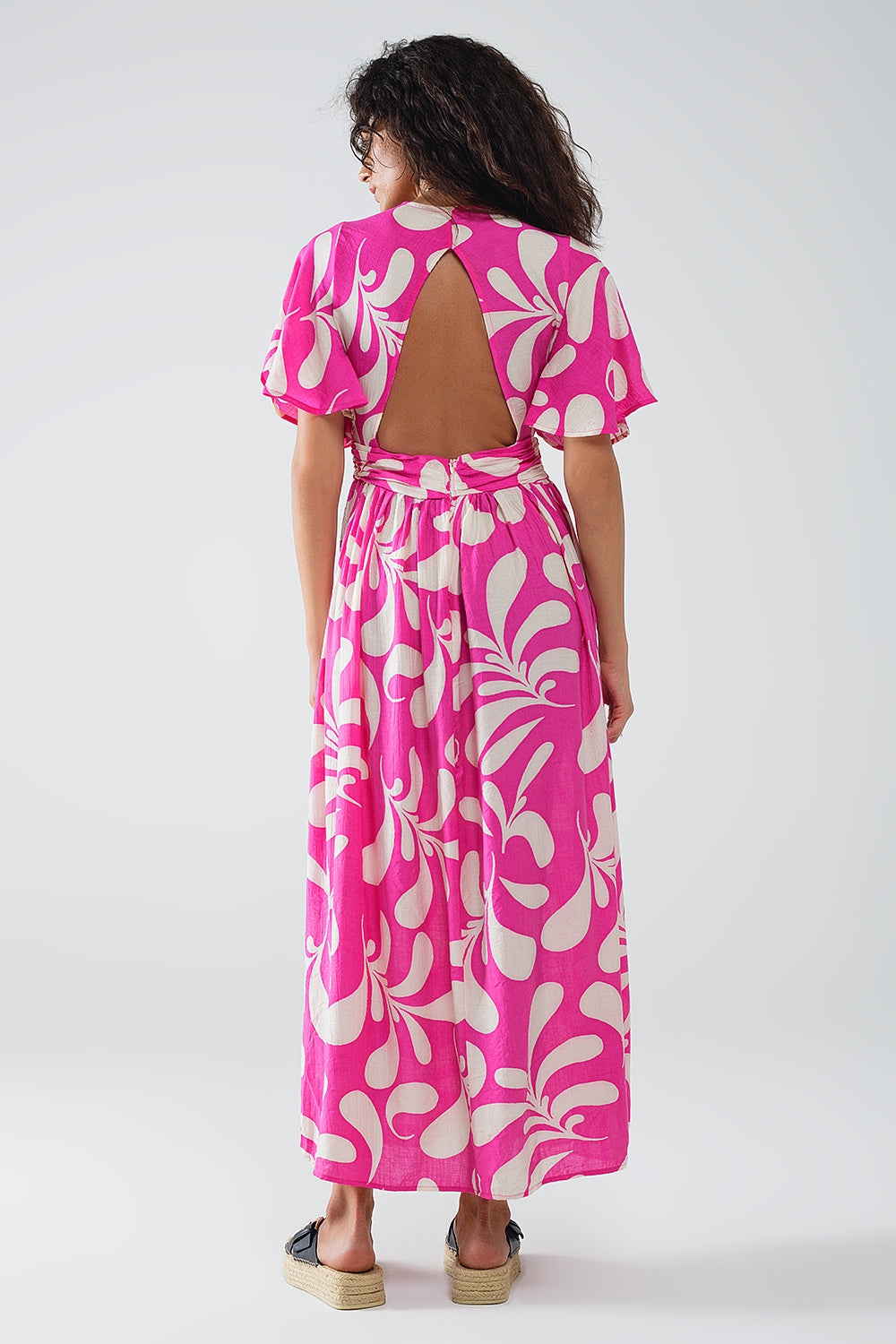 Fuchsia Floral Print Long Robe with Open Back - Elegant Loungewear for Women, Perfect for Spa Days, Bridal Parties, and Relaxing at Home
