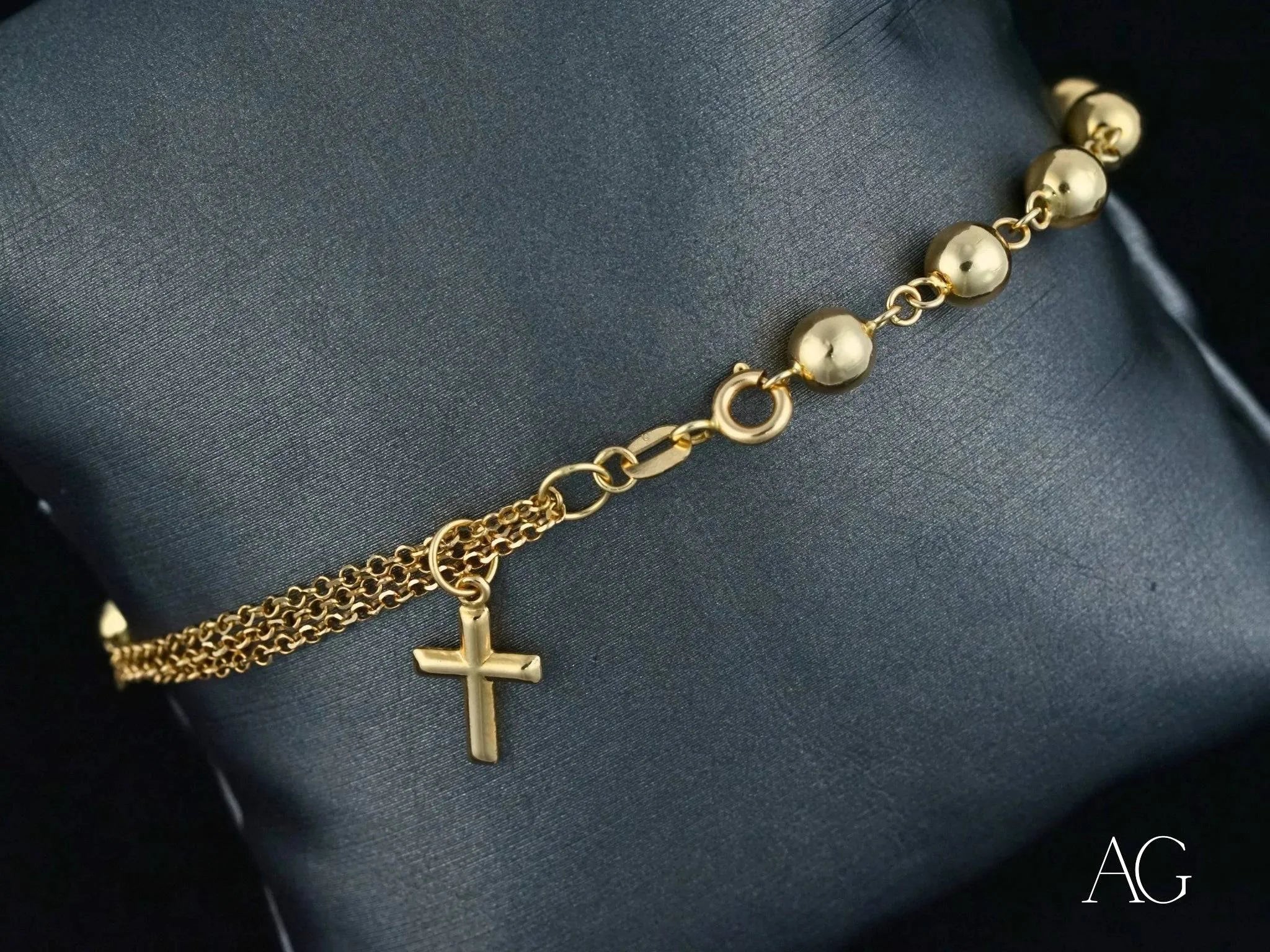 Elegant 18k Gold Women's Bracelet with Cross Charm and Polished Beads - Perfect for Gifts, Weddings & Everyday Luxury Jewelry