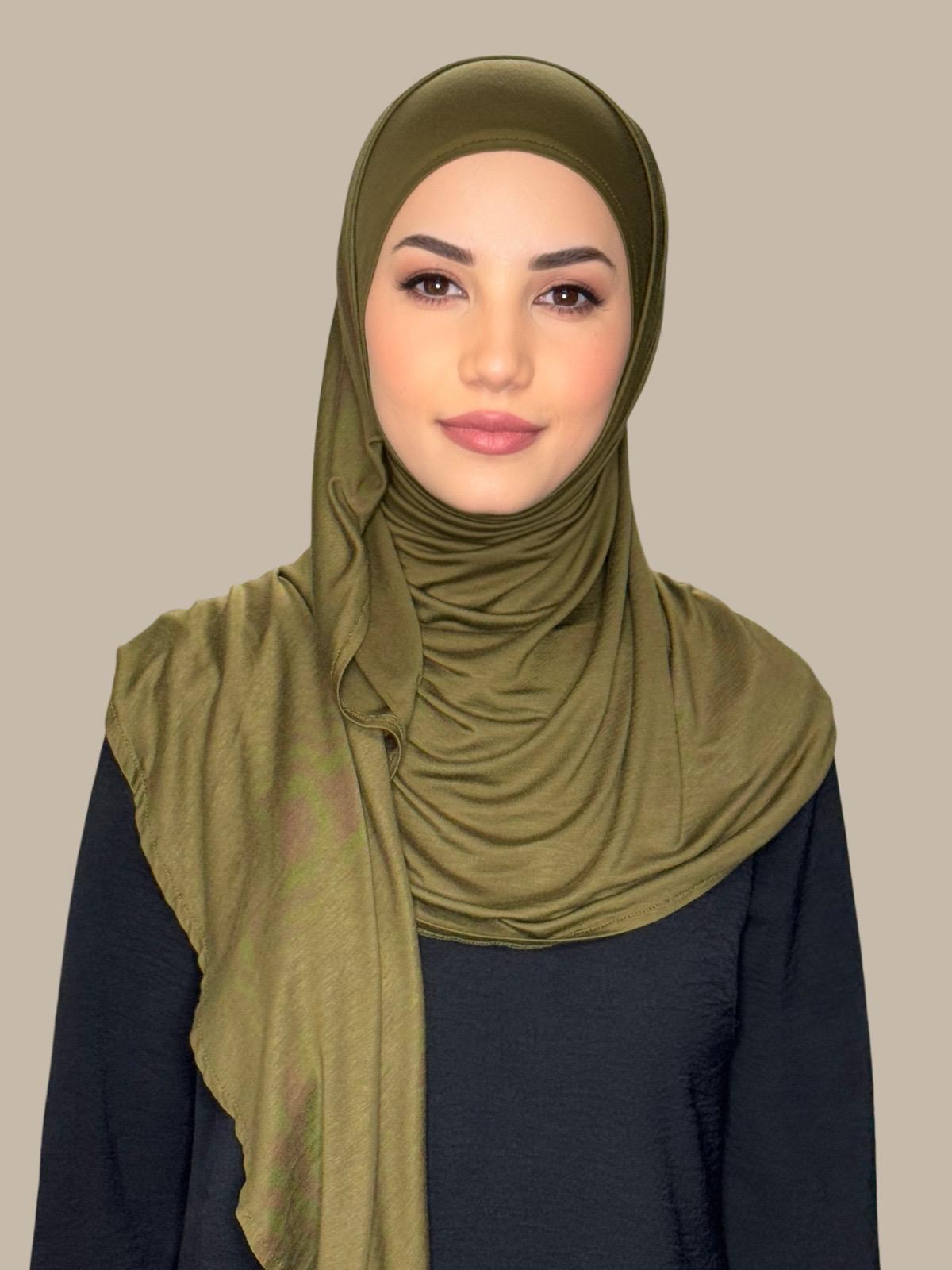Pre-Sewn Jersey Hijab - Soft & Stretchy Olive Green Headscarf for Women - Perfect for Daily Wear, Work & Prayer
