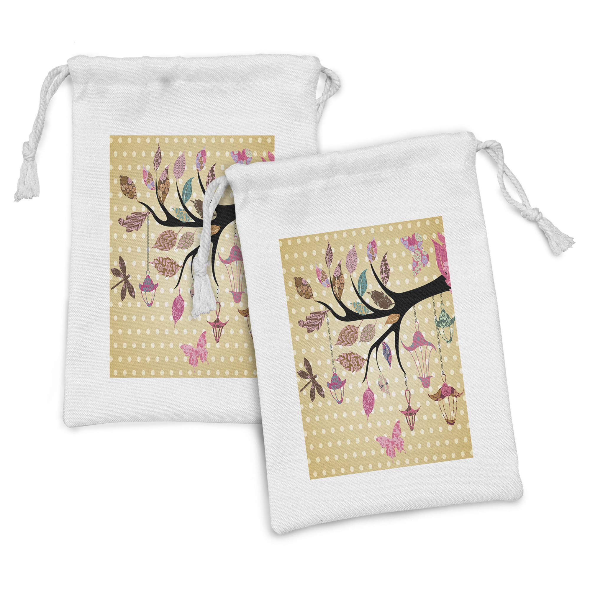 Ambesonne Dragonfly Fabric Pouch Set of 2 - Colorful Tree Branches & Leaves on Beige Polka Dot Ethnic Print - Small Drawstring Bags for Toiletries, Masks, Jewelry & Party Favors (9